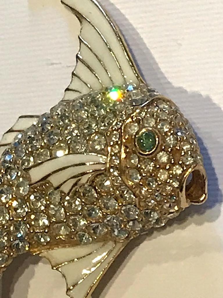 Ciner 1980s Enamel & Rhinestone Gold Fish Brooch In Excellent Condition In New York, NY