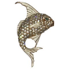 Vintage Ciner 1980s Enamel & Rhinestone Gold Fish Brooch