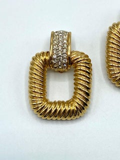 Ciner 1980s Gold Twist Door Knocker Earrings with Rhinestone Accent