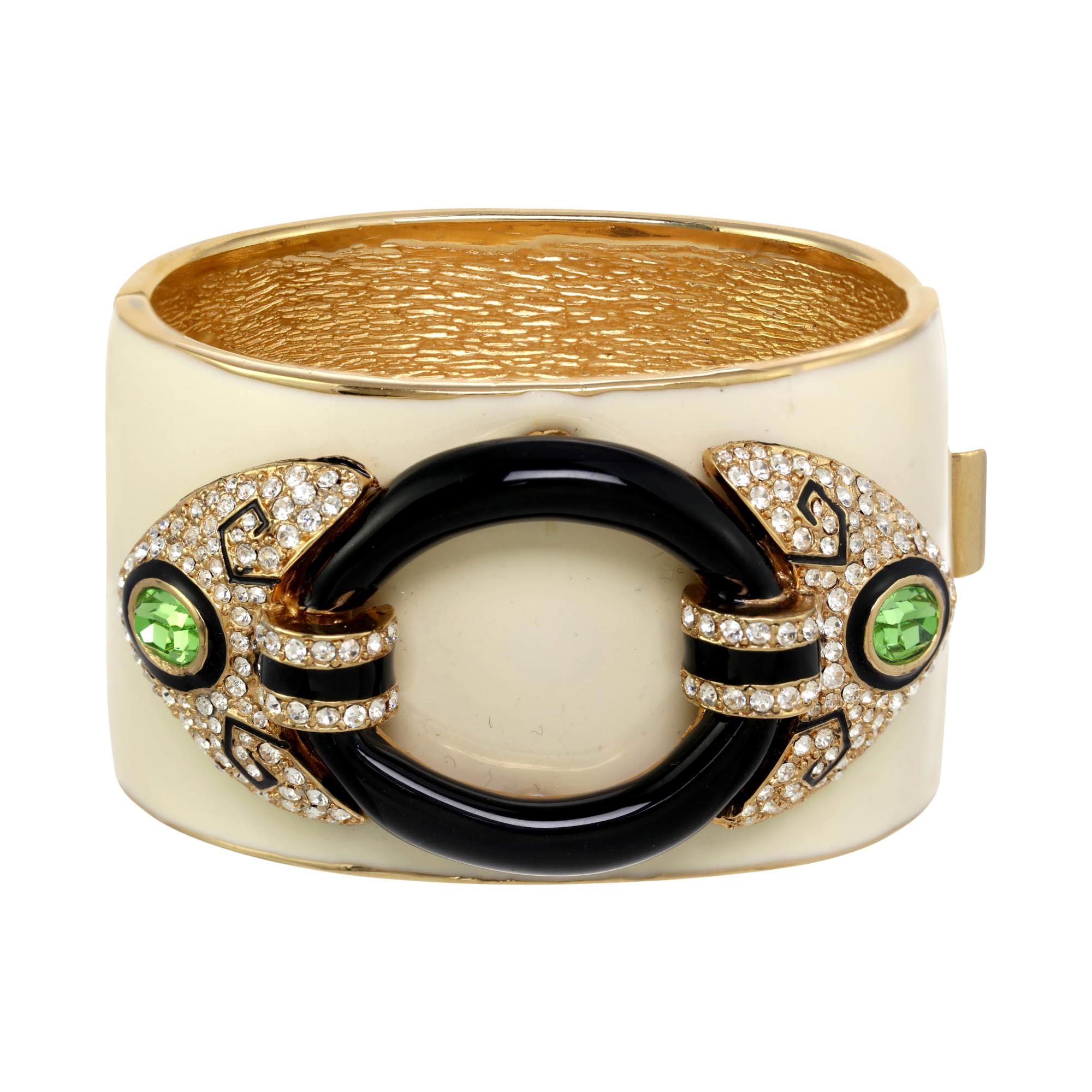 CINER Art Deco Cuff with Black & Ivory Enamel and Crystal & Period Rhinestones For Sale