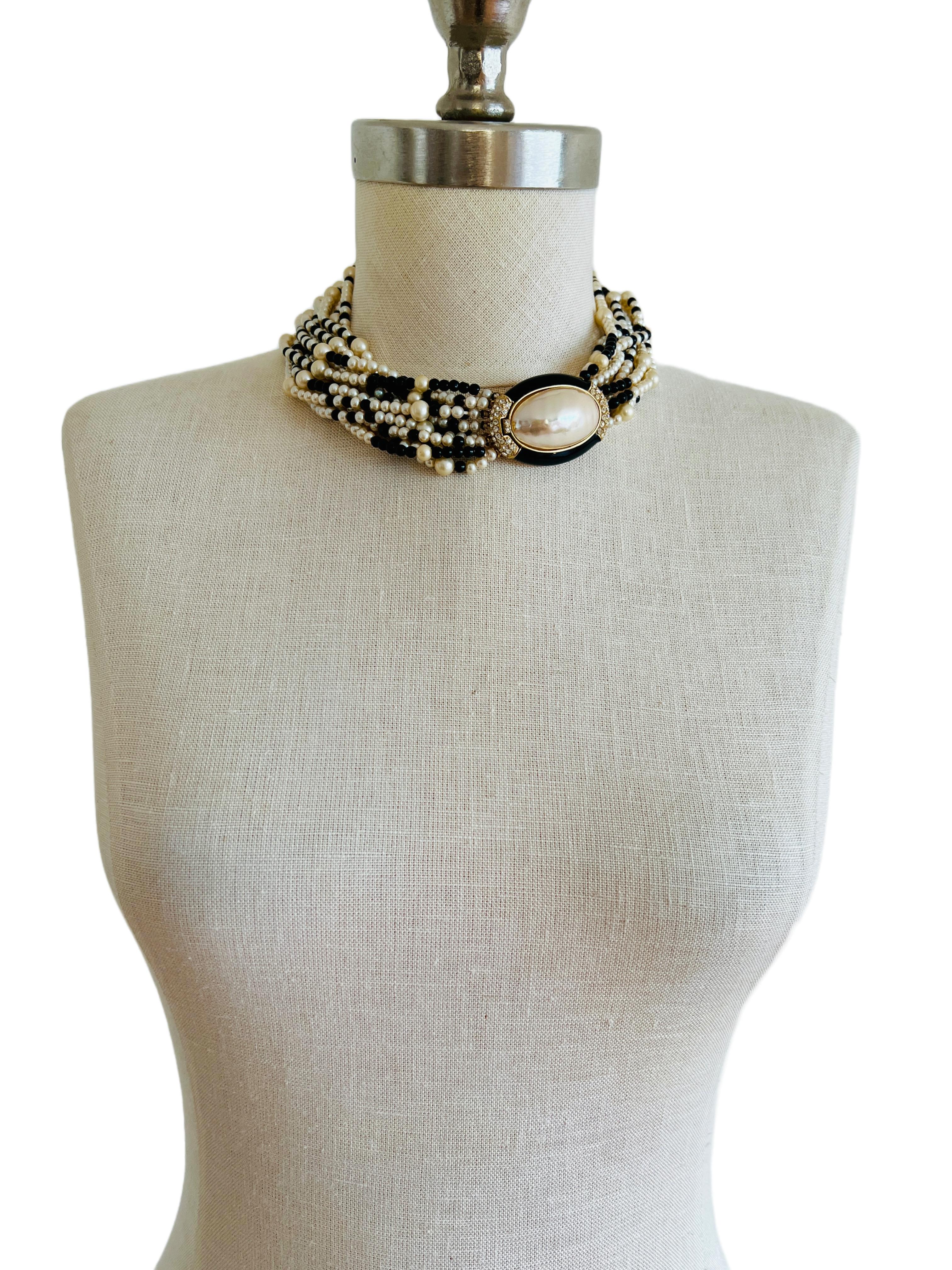 Ciner Beaded Black Gold Faux Pearl Choker Twisted Torsade Necklace Earring Set In Good Condition For Sale In Sausalito, CA