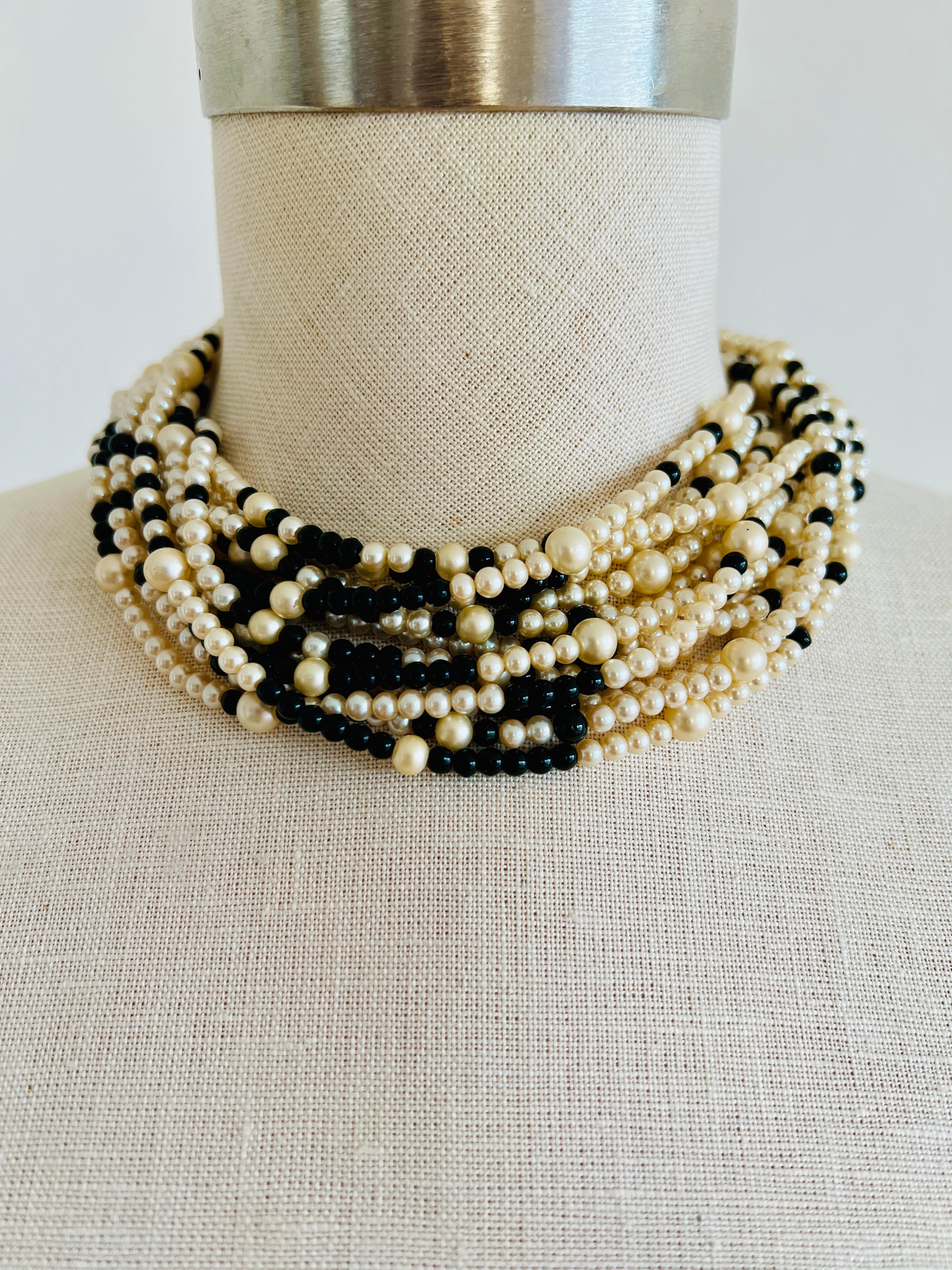 Ciner Beaded Black Gold Faux Pearl Choker Twisted Torsade Necklace Earring Set In Good Condition For Sale In Sausalito, CA