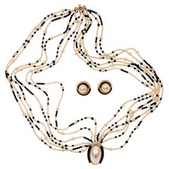 Vintage Ciner Beaded Black Gold Faux Pearl Choker Twisted Torsade Necklace Earring Set