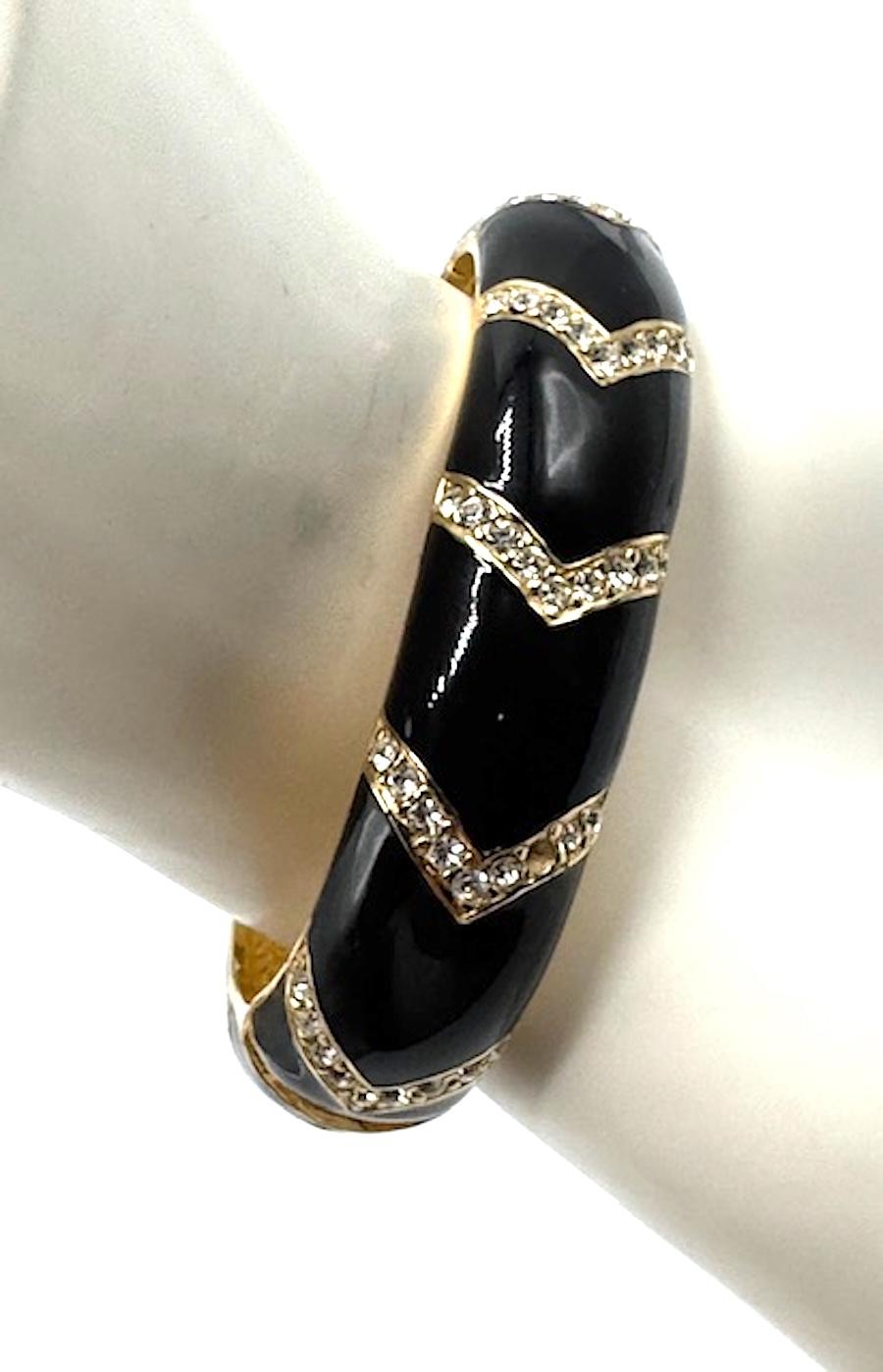 Ciner Black Enameld on Gold and Rhinestone Tiger Bangle For Sale 8