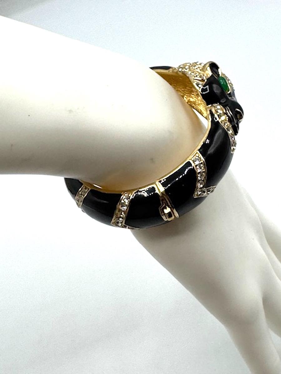 Ciner Black Enameld on Gold and Rhinestone Tiger Bangle For Sale 9