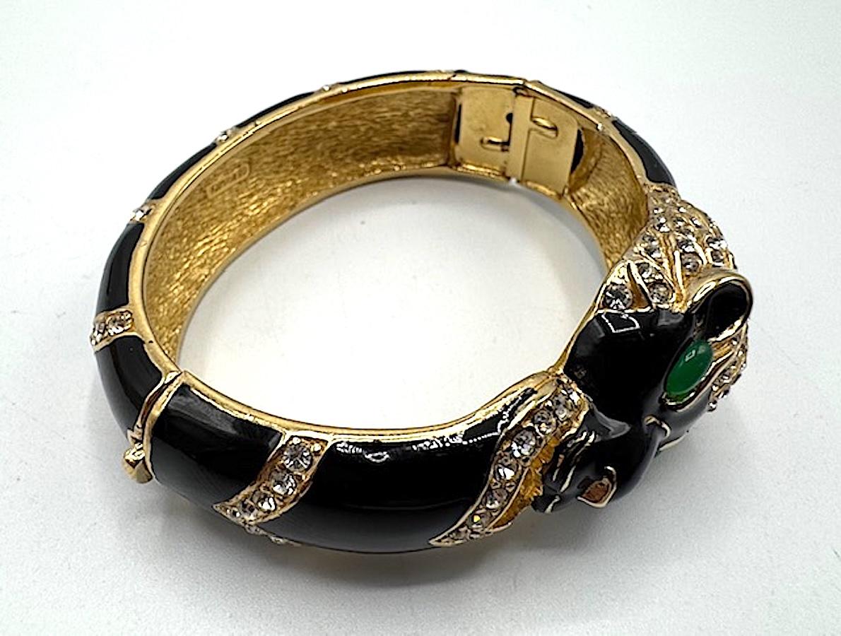 Ciner Black Enameld on Gold and Rhinestone Tiger Bangle For Sale 3