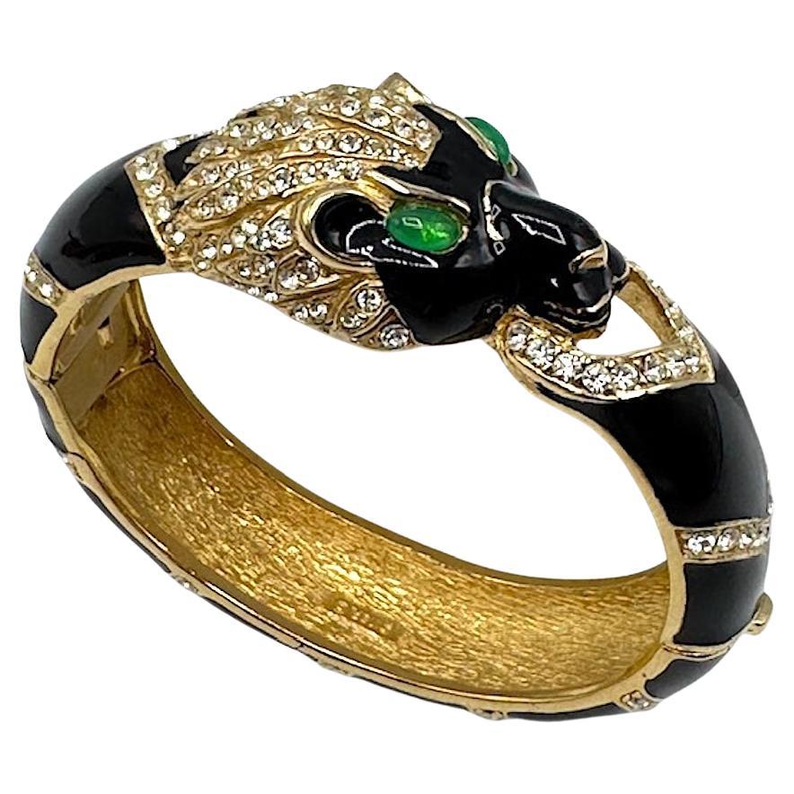 Ciner Black Enameld on Gold and Rhinestone Tiger Bangle For Sale