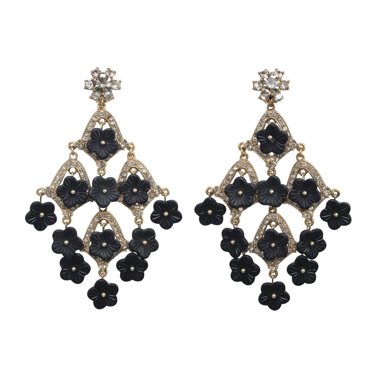 CINER Black Floral and Rhinestone Chandelier CLIP Earring