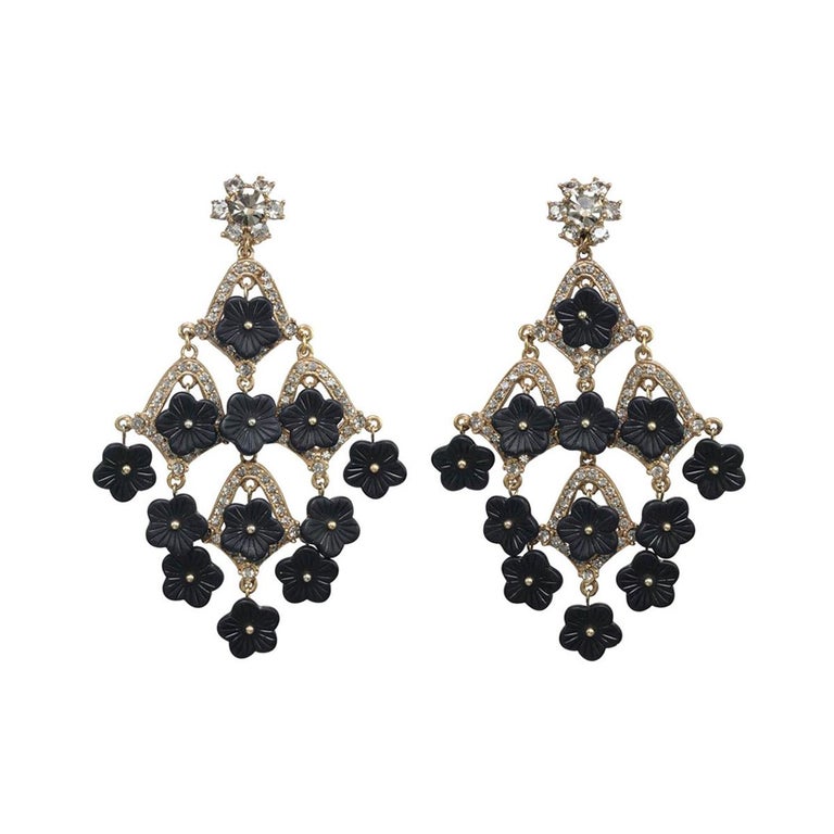 CINER Black Floral and Rhinestone Chandelier PIERCED Earring For Sale ...