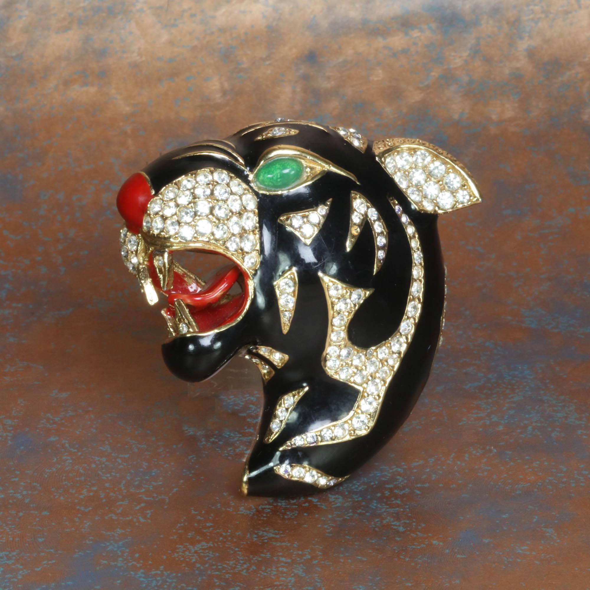 Contemporary CINER Black Roaring Tiger Brooch with Crystal Rhinestones For Sale