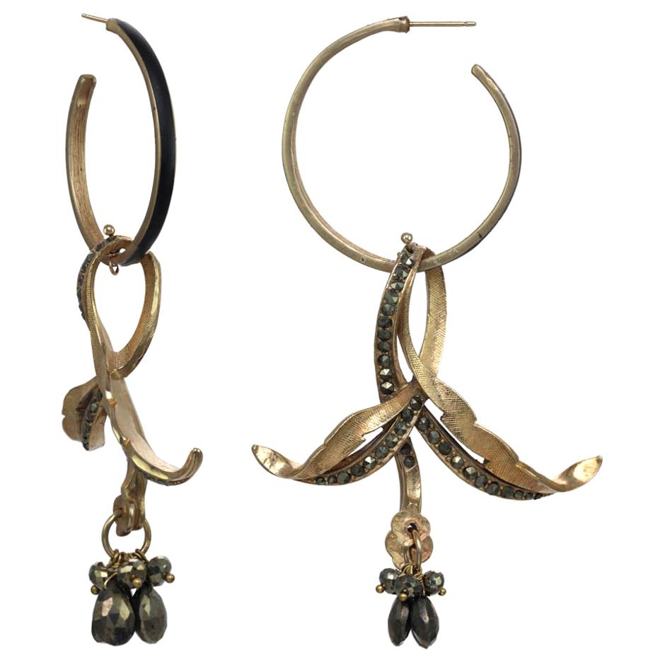 CINER Black Swaying Lily Hoop PIERCED Earring with Pyrite Drops  For Sale