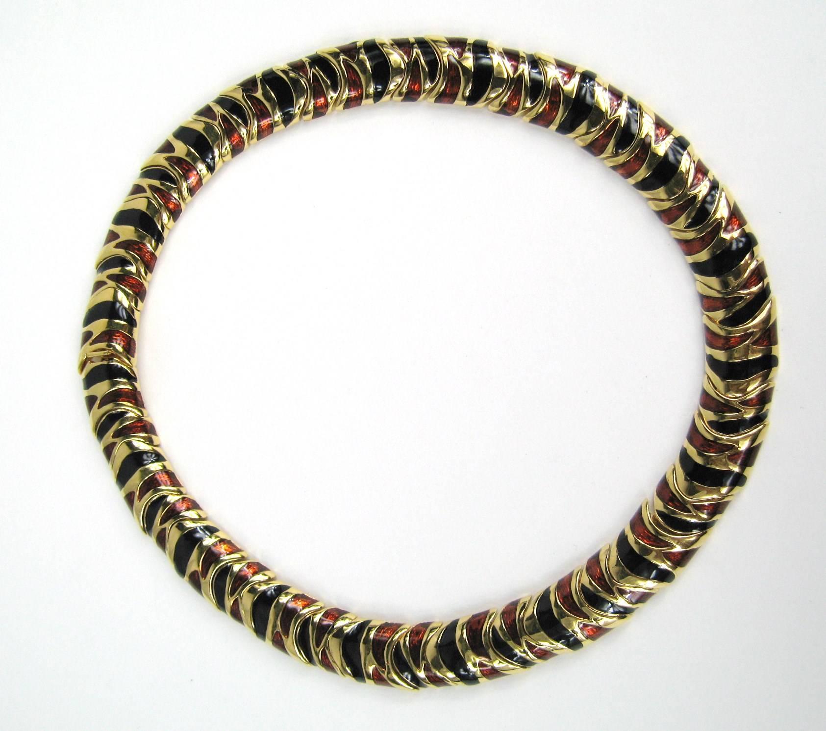 Stunning Ciner Necklace Enameled with bronze reddish and black. Choker size which Measures - .57 inches wide and 14.5in long. We have many New, Never worn Ciner pieces on our storefront. This is out of a massive collection of Jewelry from one