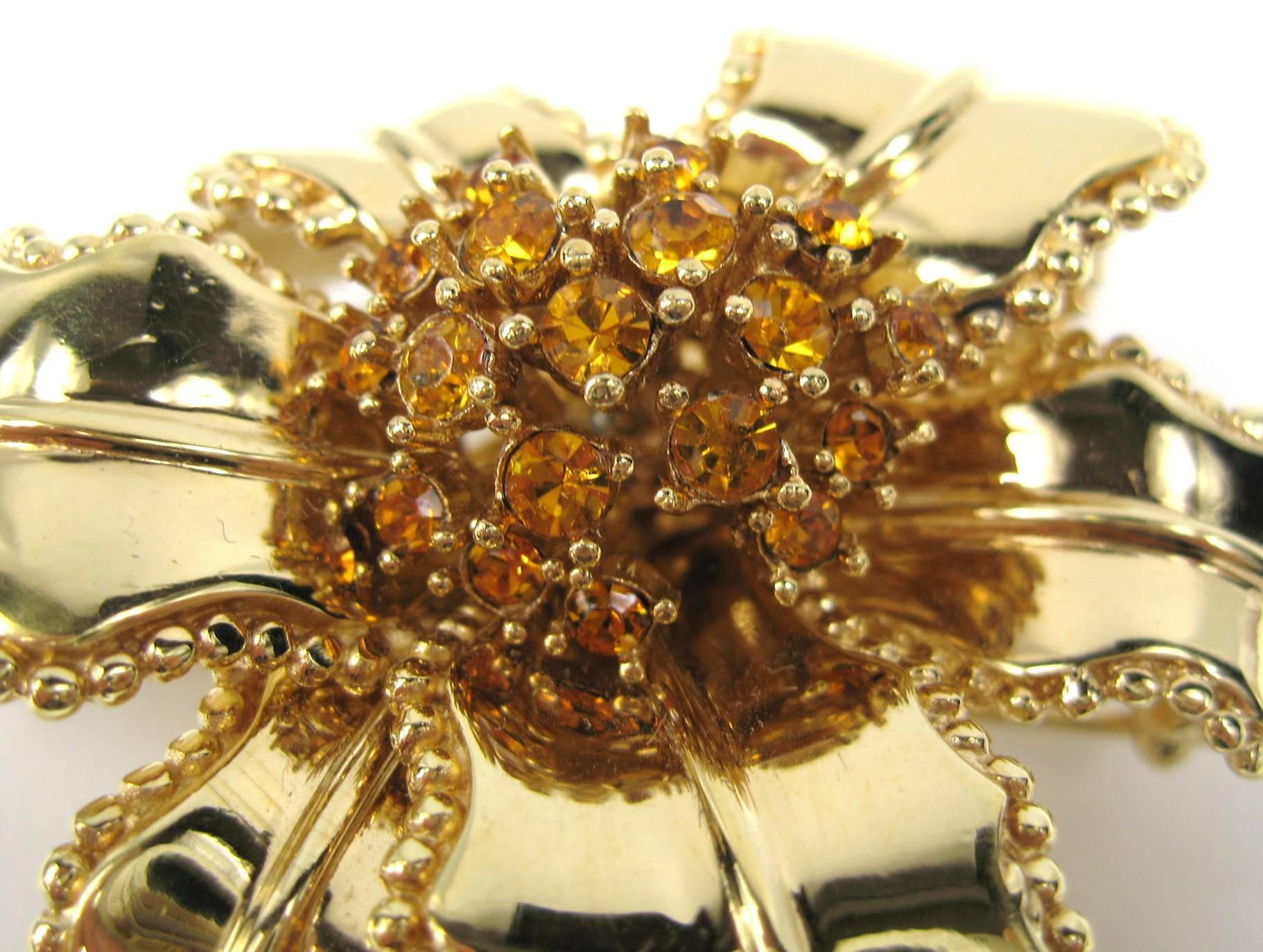 Brilliant Cut Ciner Brooch Swarovski Crystal Floral AMBER Gold  NEW Never worn 1990s  For Sale