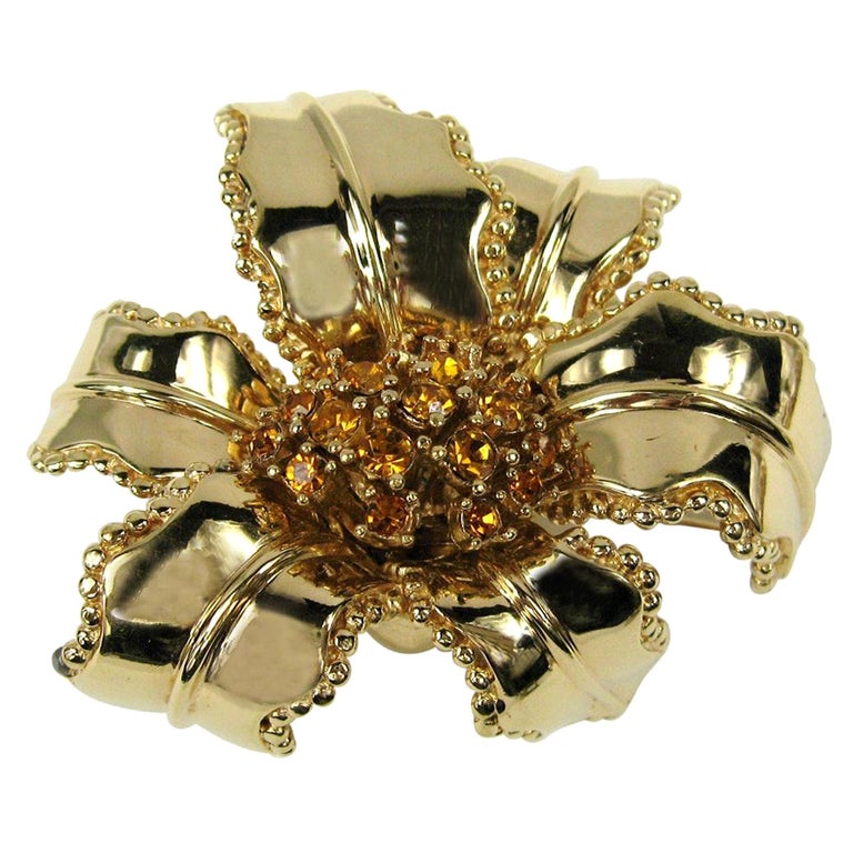Ciner Brooch Swarovski Crystal Floral AMBER Gold NEW Never worn