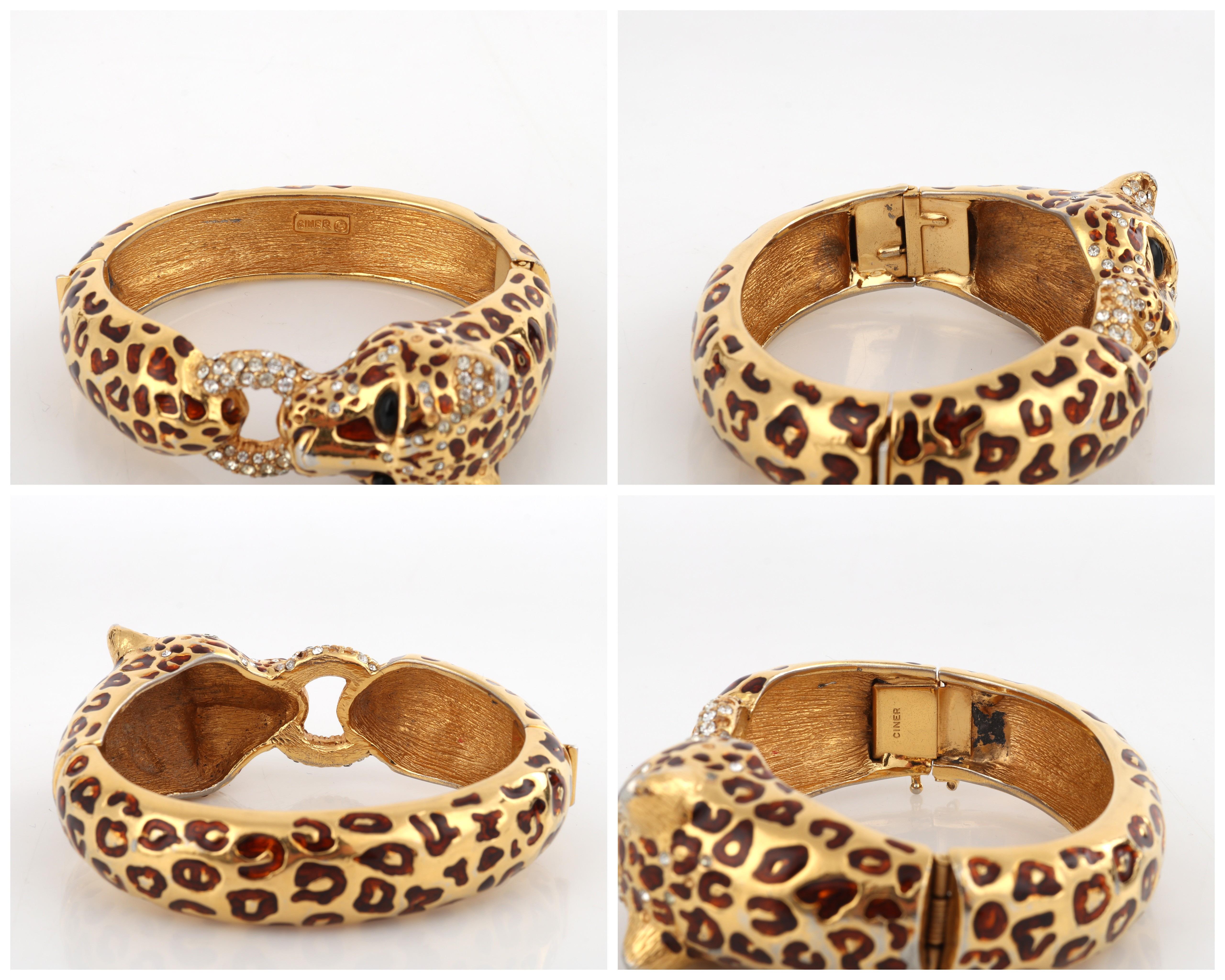 CINER c.1970s Gold Copper Enamel Swarovski Crystal Leopard Hinge Bangle Bracelet 7