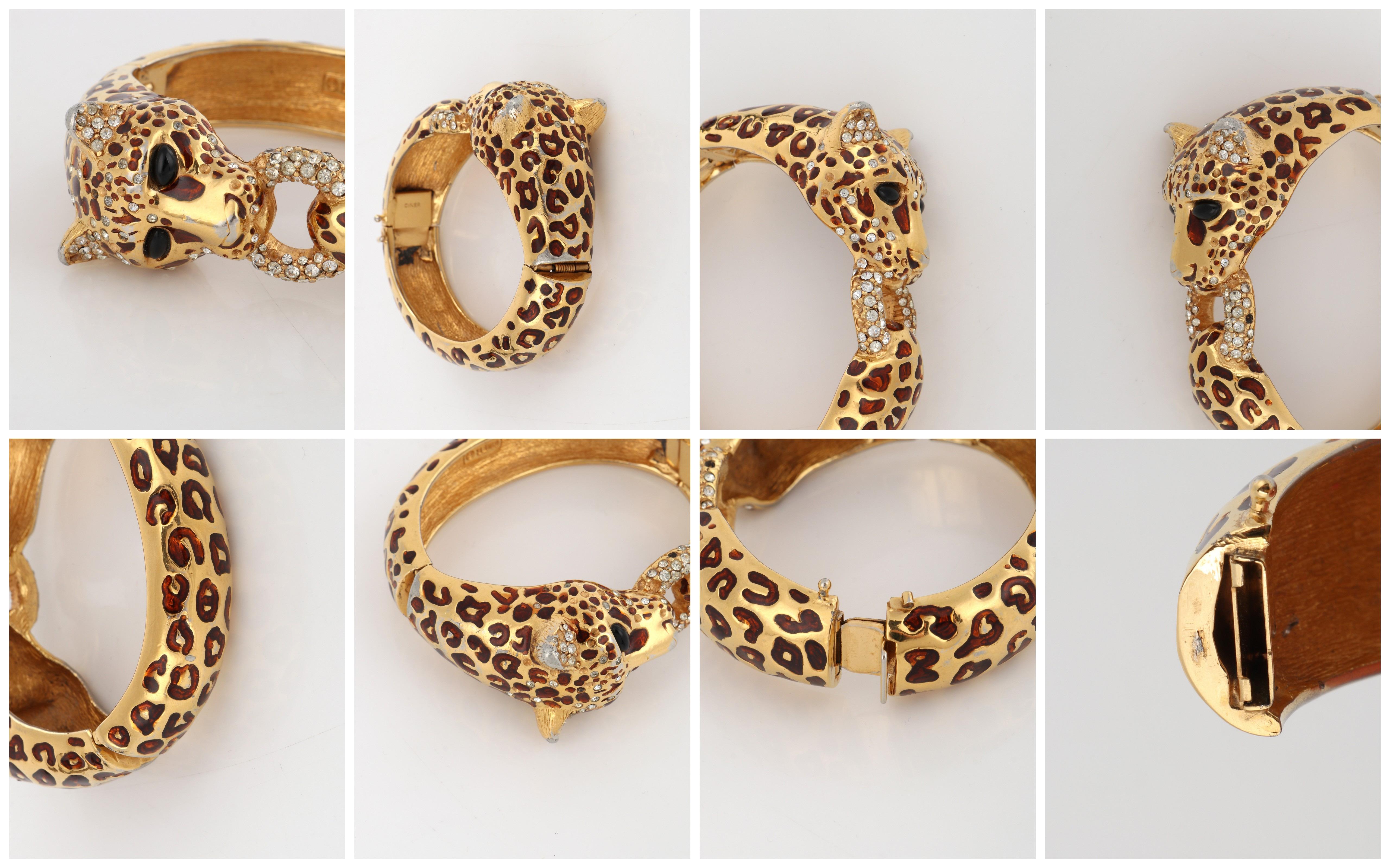CINER c.1970s Gold Copper Enamel Swarovski Crystal Leopard Hinge Bangle Bracelet 8