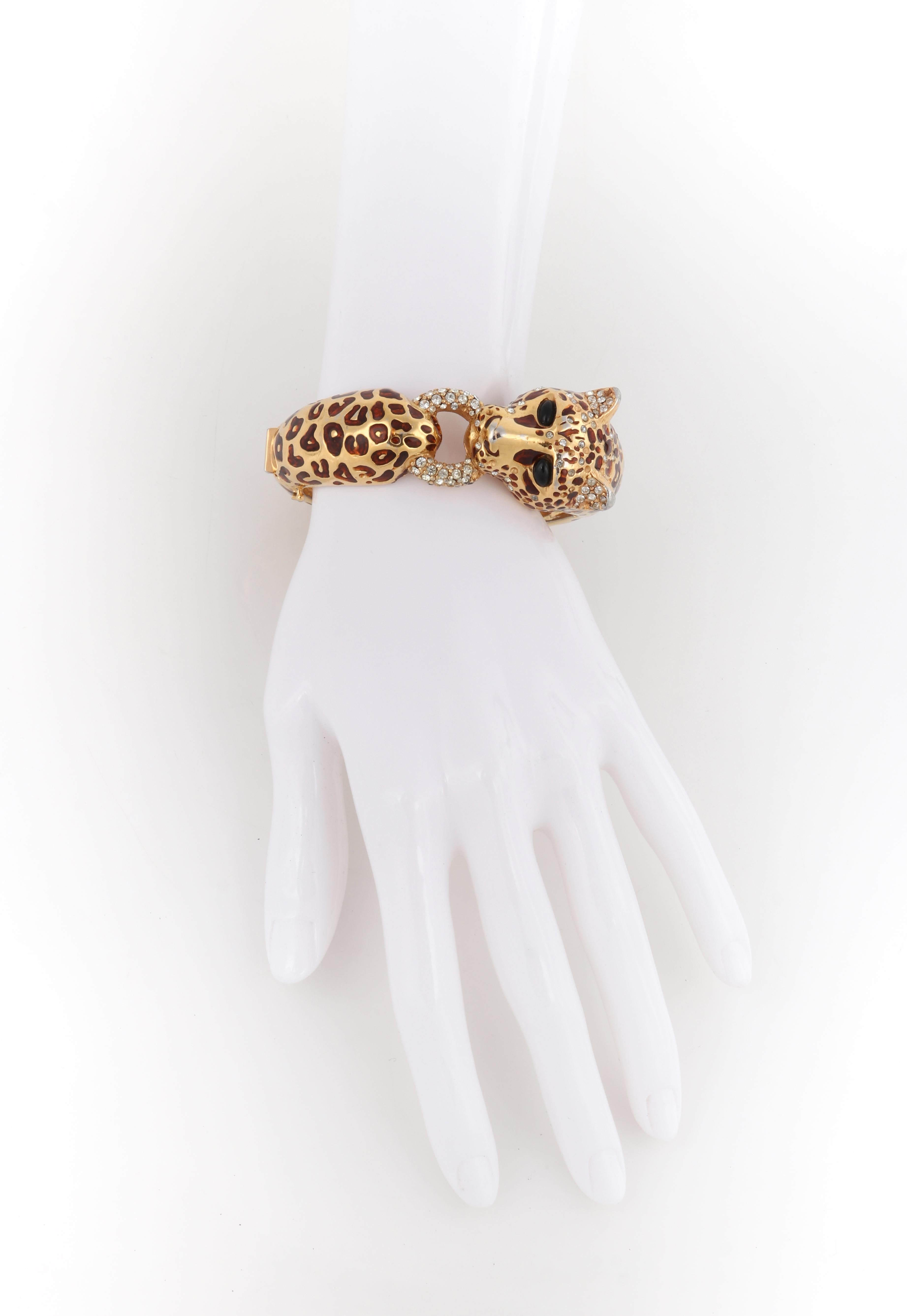 CINER c.1970s Gold Copper Enamel Swarovski Crystal Leopard Hinge Bangle Bracelet In Good Condition In Thiensville, WI