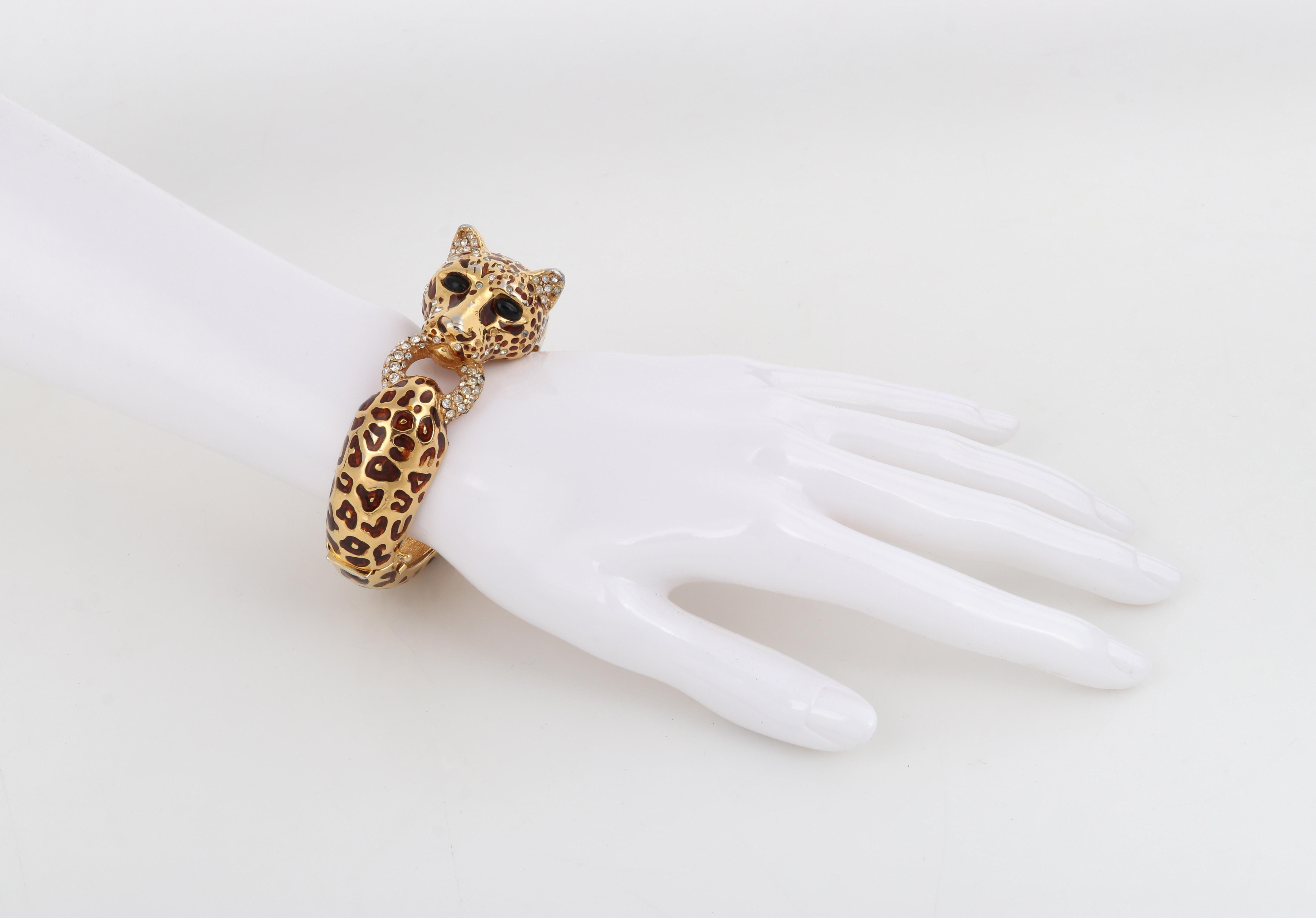 Women's CINER c.1970s Gold Copper Enamel Swarovski Crystal Leopard Hinge Bangle Bracelet