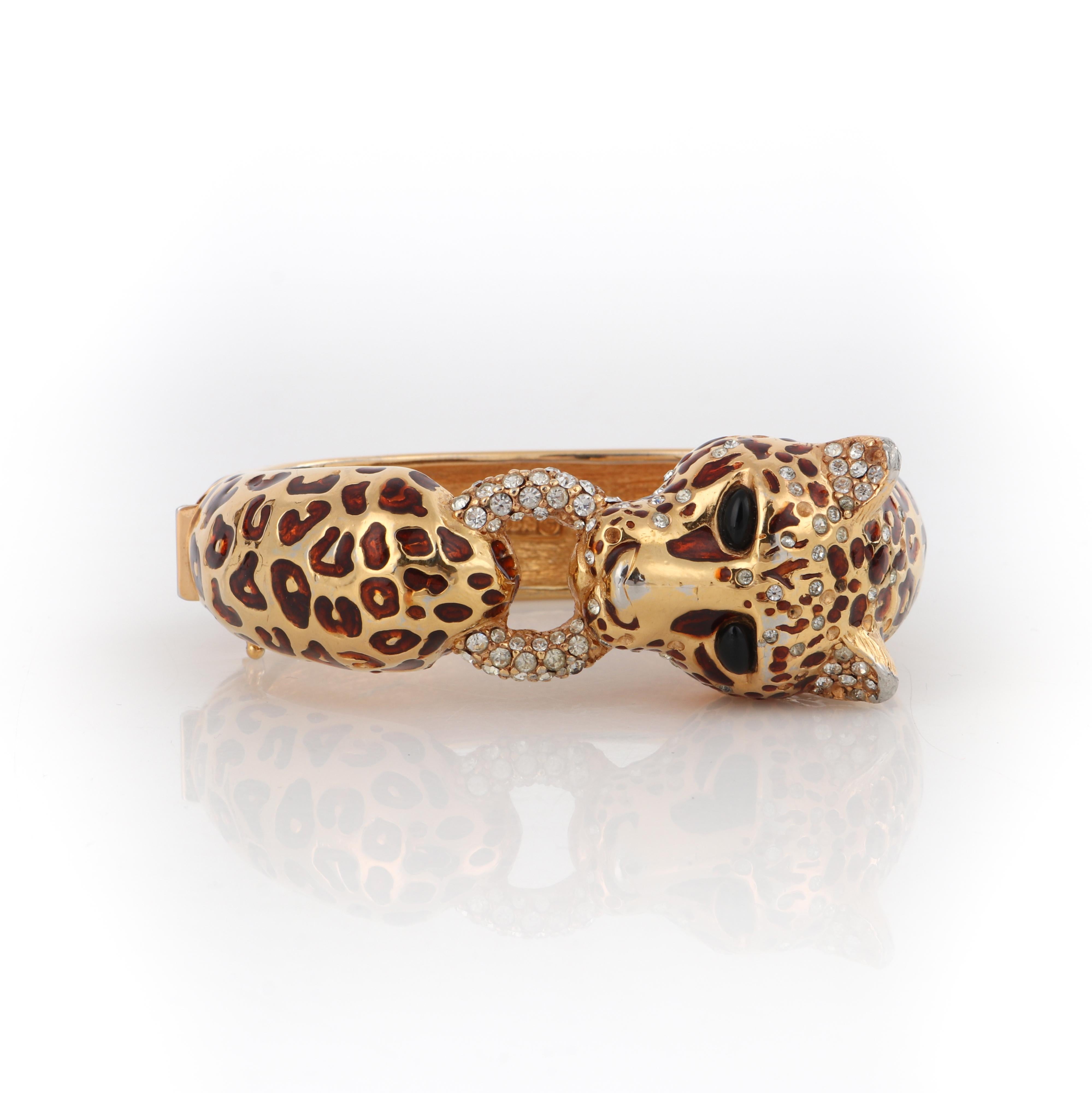 CINER c.1970s Gold Copper Enamel Swarovski Crystal Leopard Hinge Bangle Bracelet 1