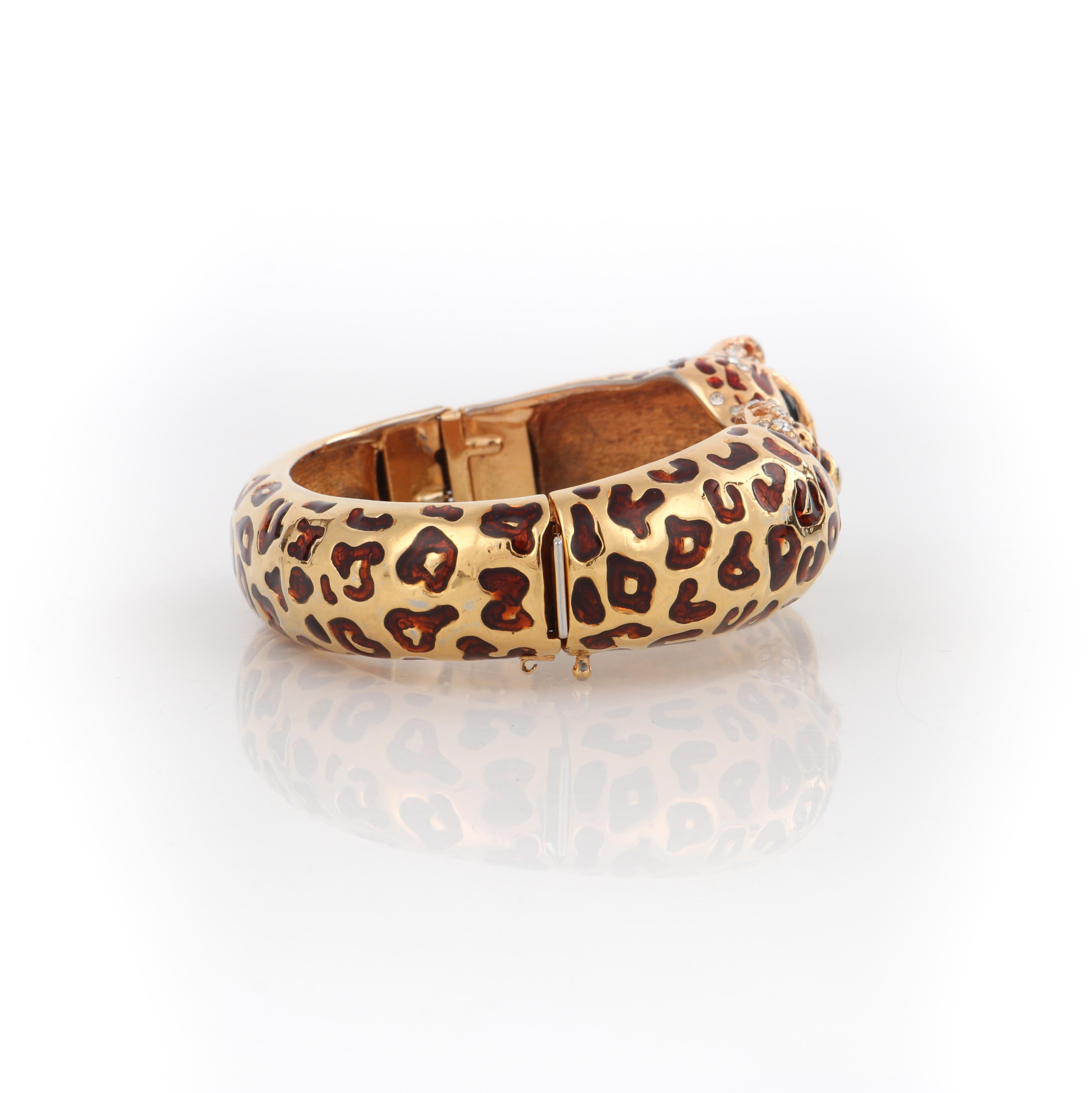 CINER c.1970s Gold Copper Enamel Swarovski Crystal Leopard Hinge Bangle Bracelet 2