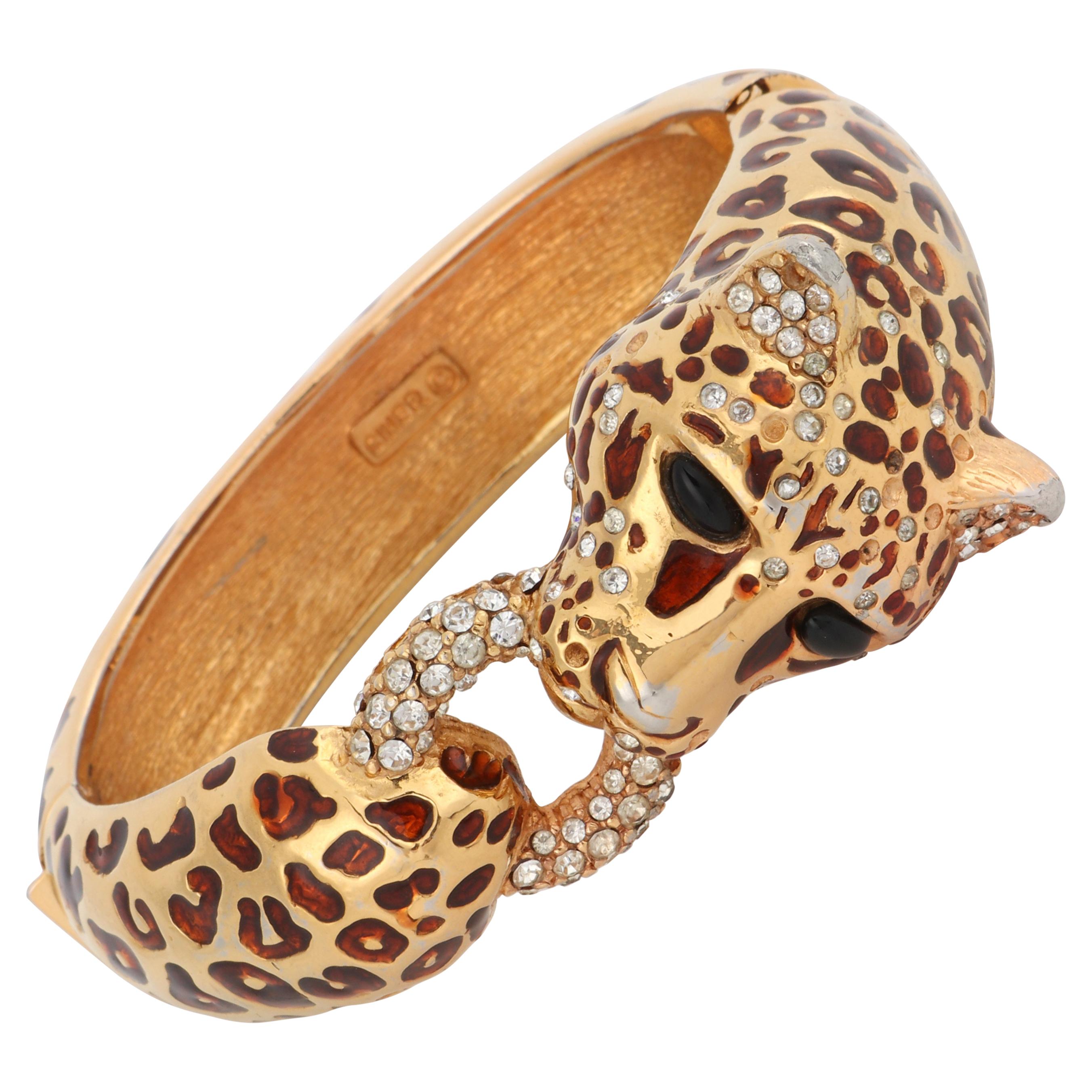 CINER c.1970s Gold Copper Enamel Swarovski Crystal Leopard Hinge Bangle Bracelet