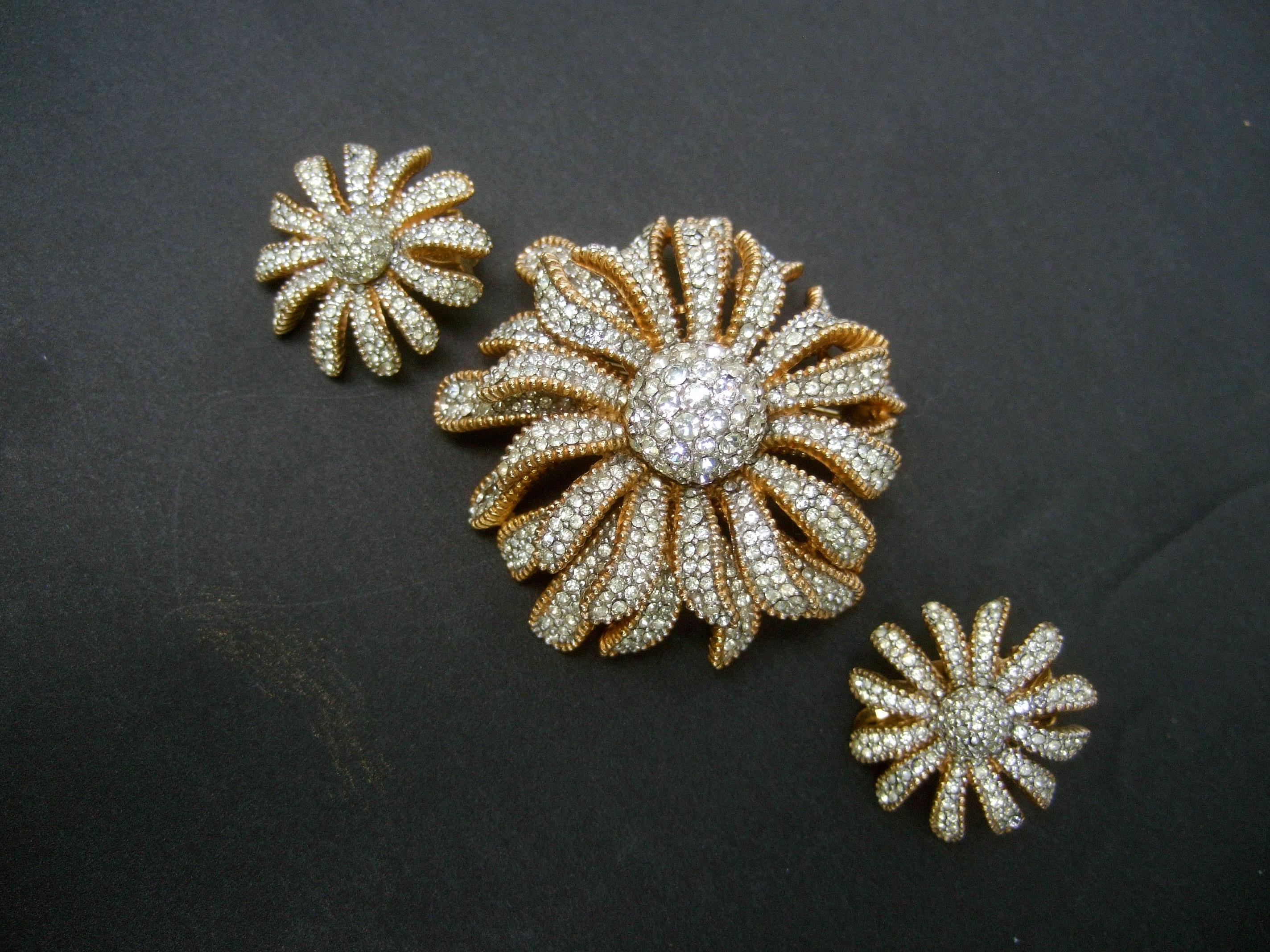 Retro Ciner Crystal Gilt Metal Floral Brooch & Earrings Circa 1970 For Sale