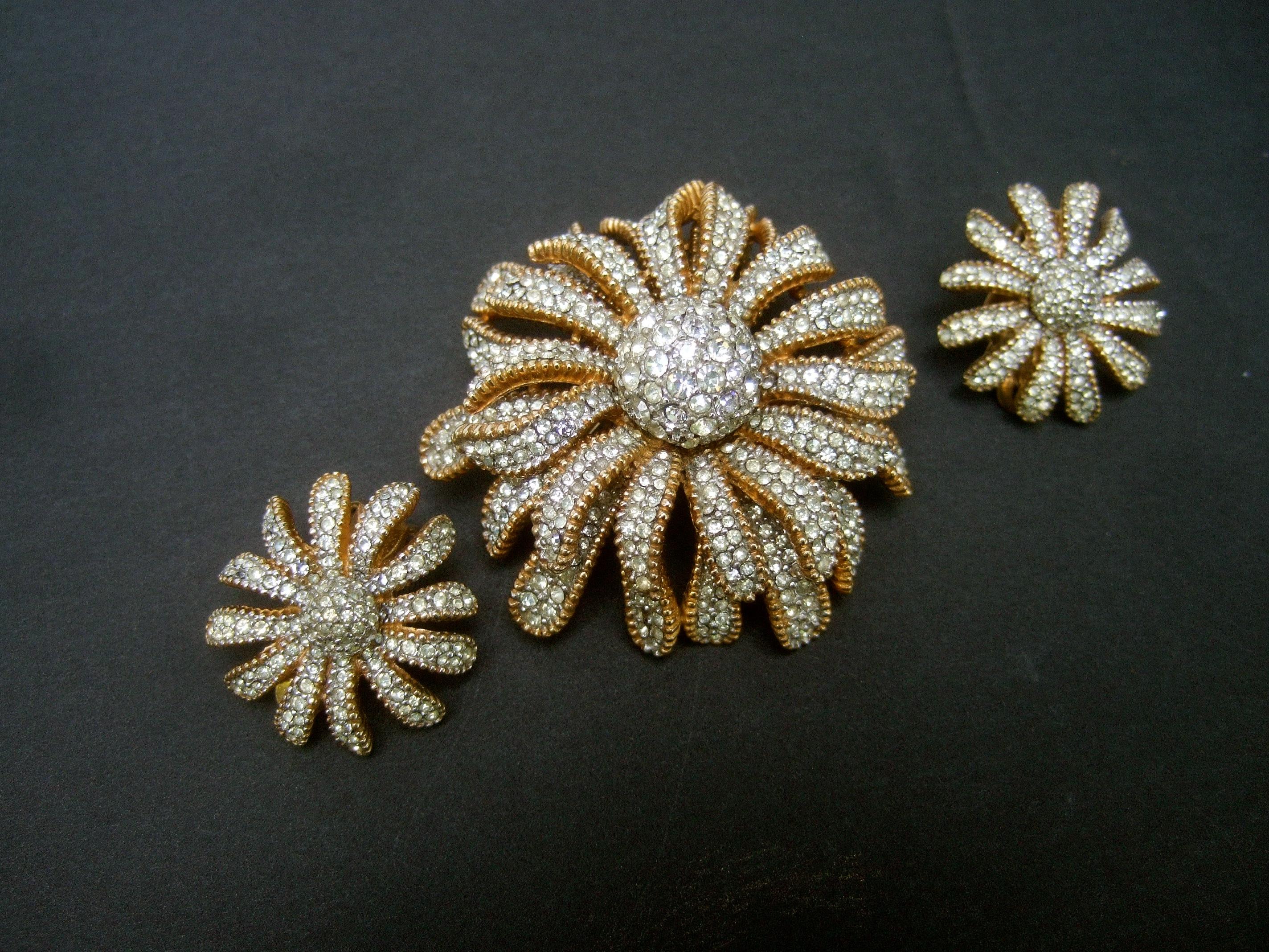 Women's Ciner Crystal Gilt Metal Floral Brooch & Earrings Circa 1970 For Sale