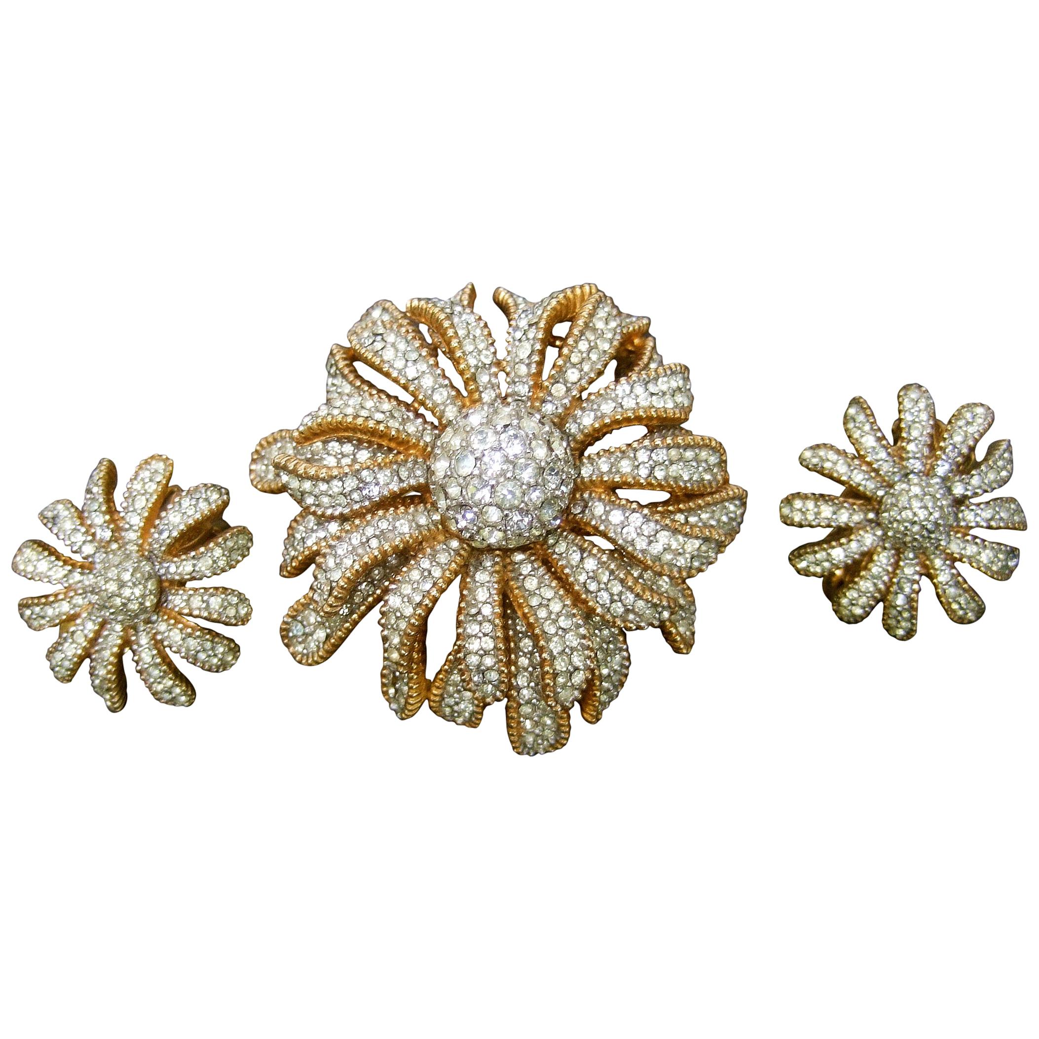 Ciner Crystal Gilt Metal Floral Brooch & Earrings Circa 1970