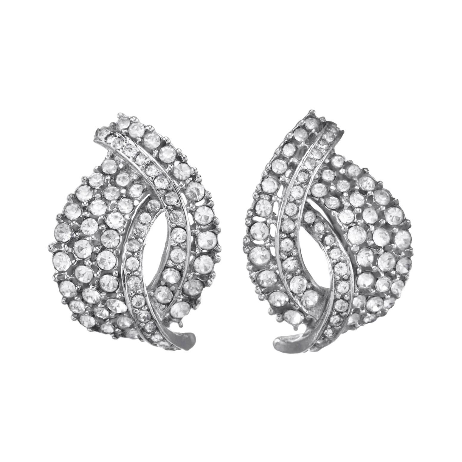 CINER Crystal Rhinestone Encrusted Rhodium PIERCED Earrings For Sale