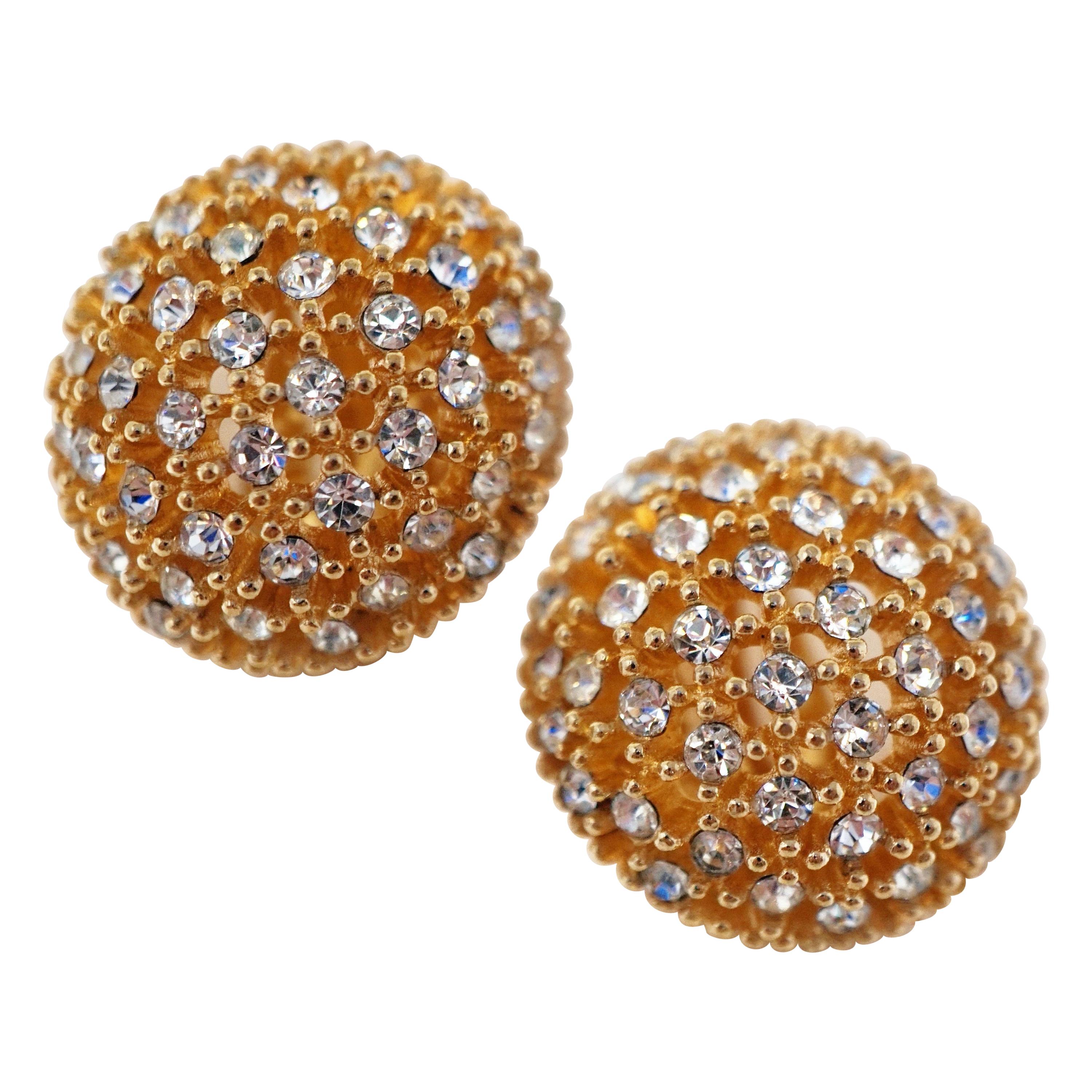Ciner Crystal Rhinestone Gilded Dome Earrings, circa 1960s