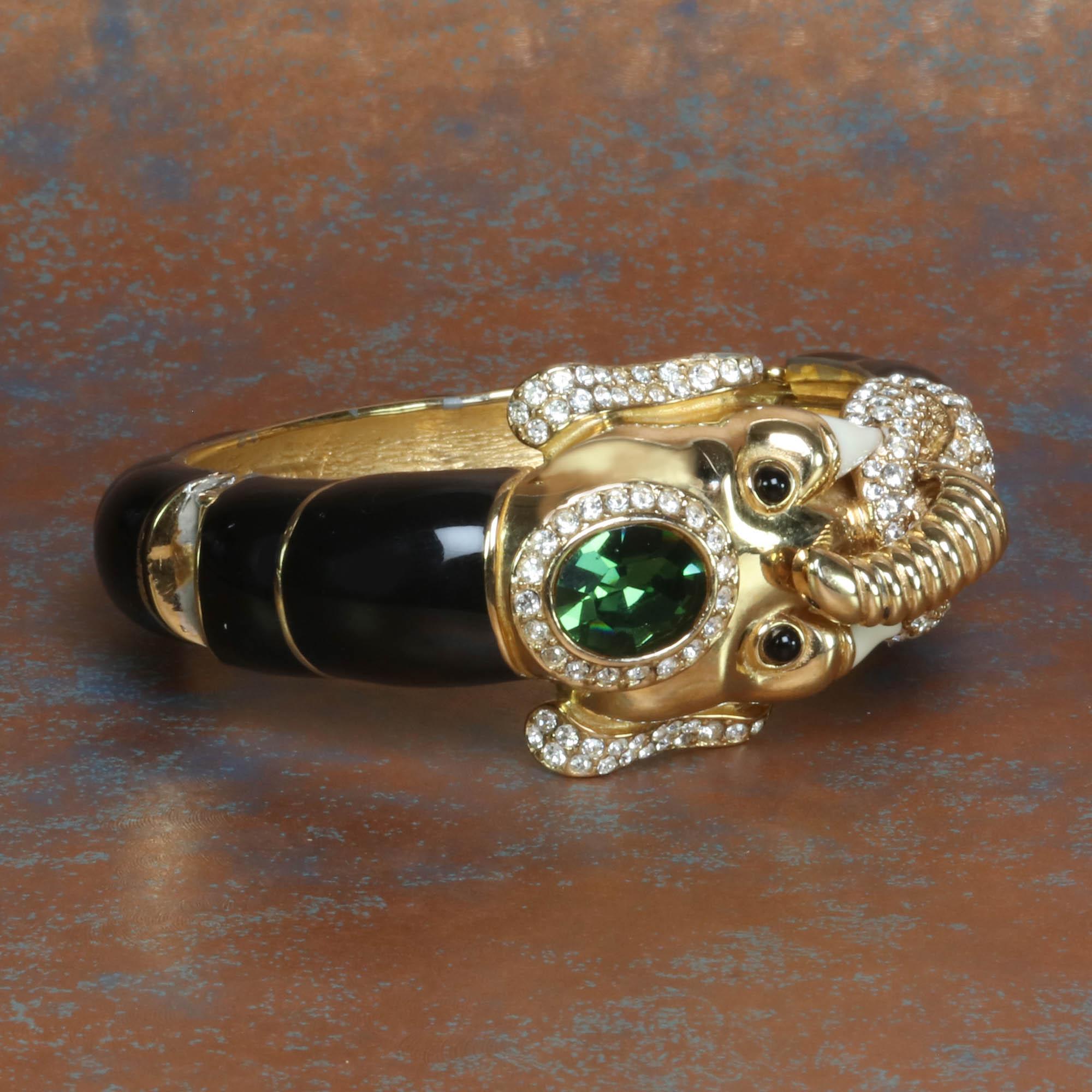 Women's or Men's CINER Elephant Animal Bracelet in Black with Faceted Green Stone For Sale