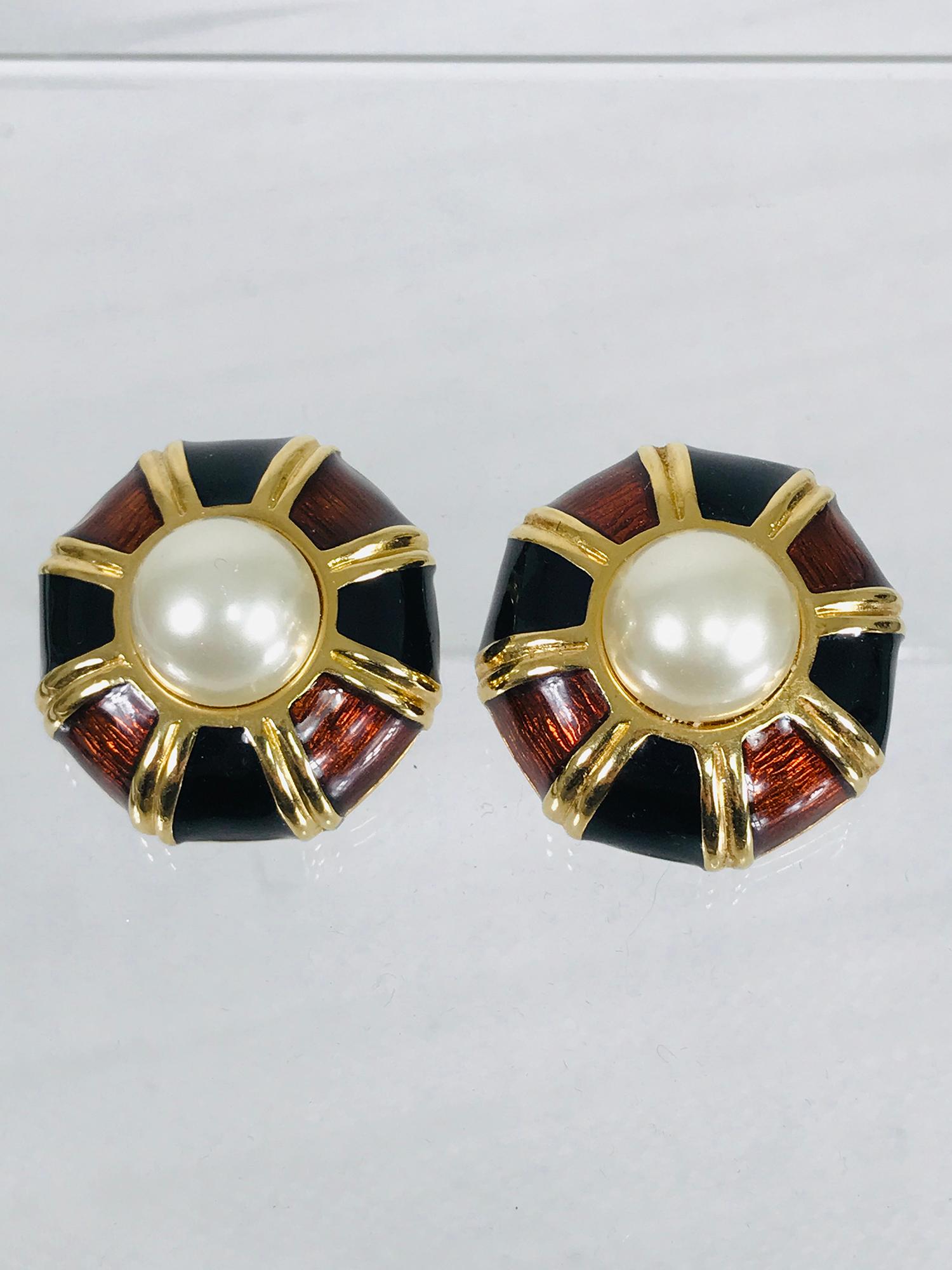 Round Cut Ciner Enamel Gold and Faux Pearl Clip Back Earrings