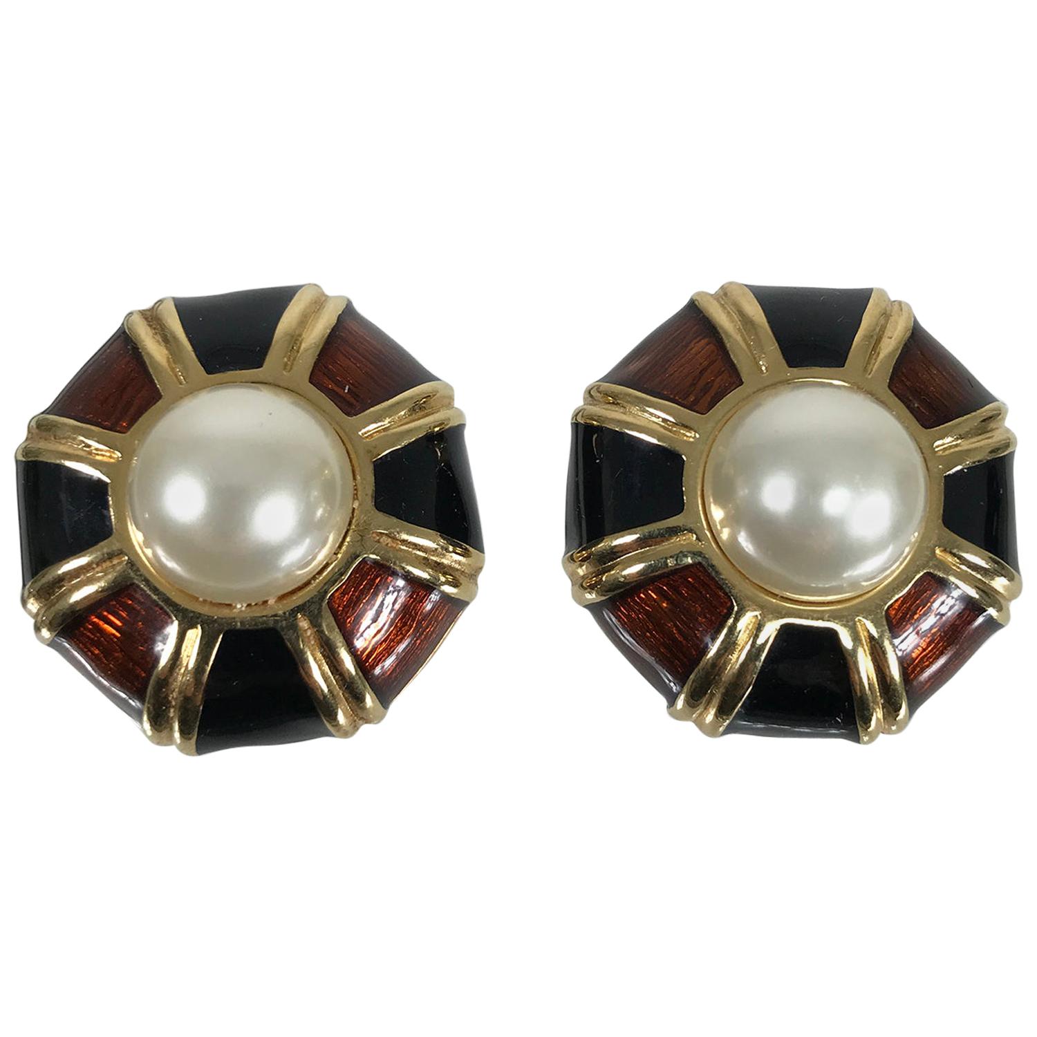 Ciner Enamel Gold and Faux Pearl Clip Back Earrings