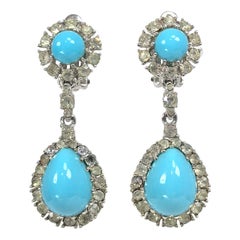 Vintage Ciner Faux Turquoise and Rhinestone Drop Earrings