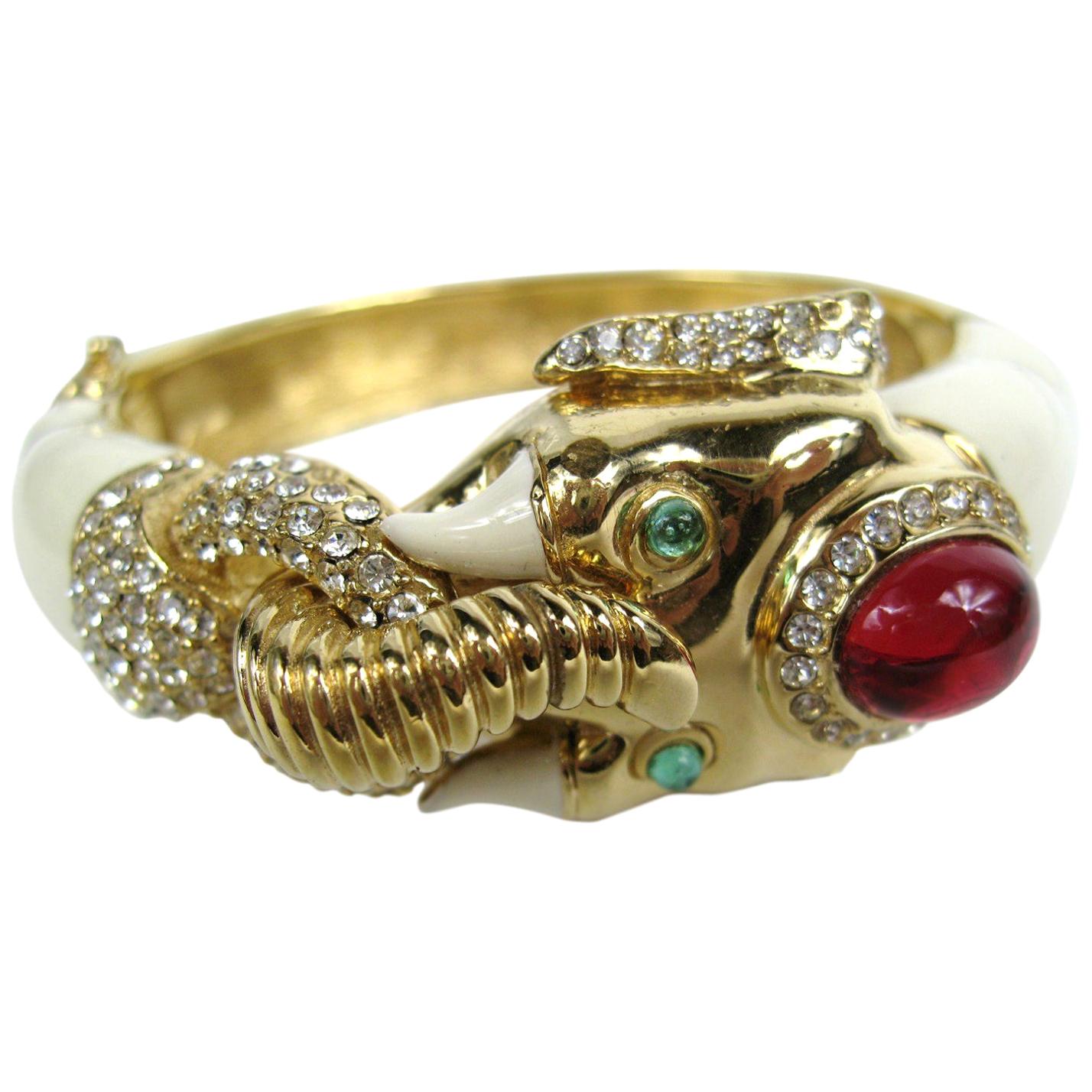  Ciner Gilt Gold swarovski crystal Enamel Mogul Elephant Bracelet - 1980s 