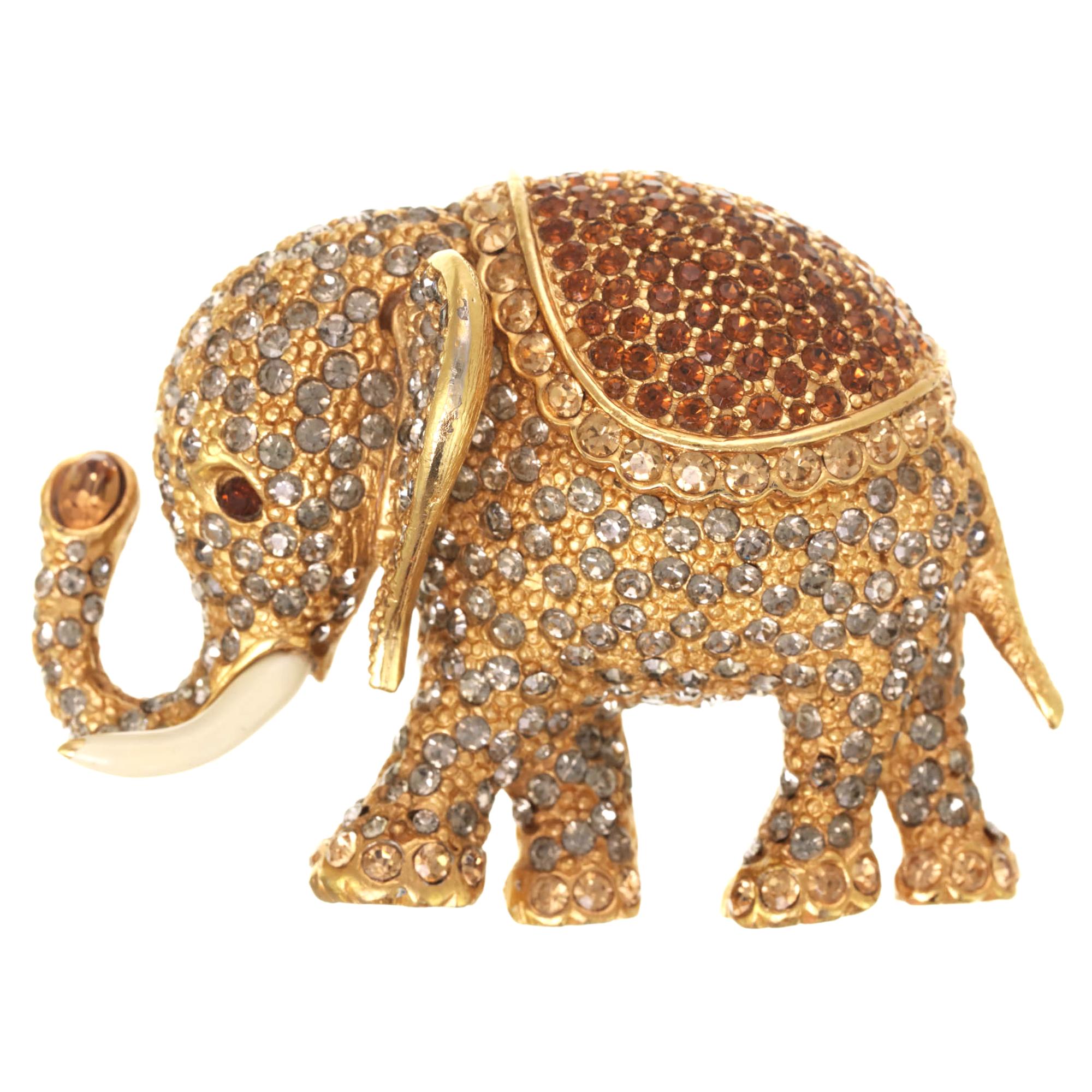 CINER Gold Large Elephant Brooch with Black Diamond and Smoked Topaz Rhinestones For Sale