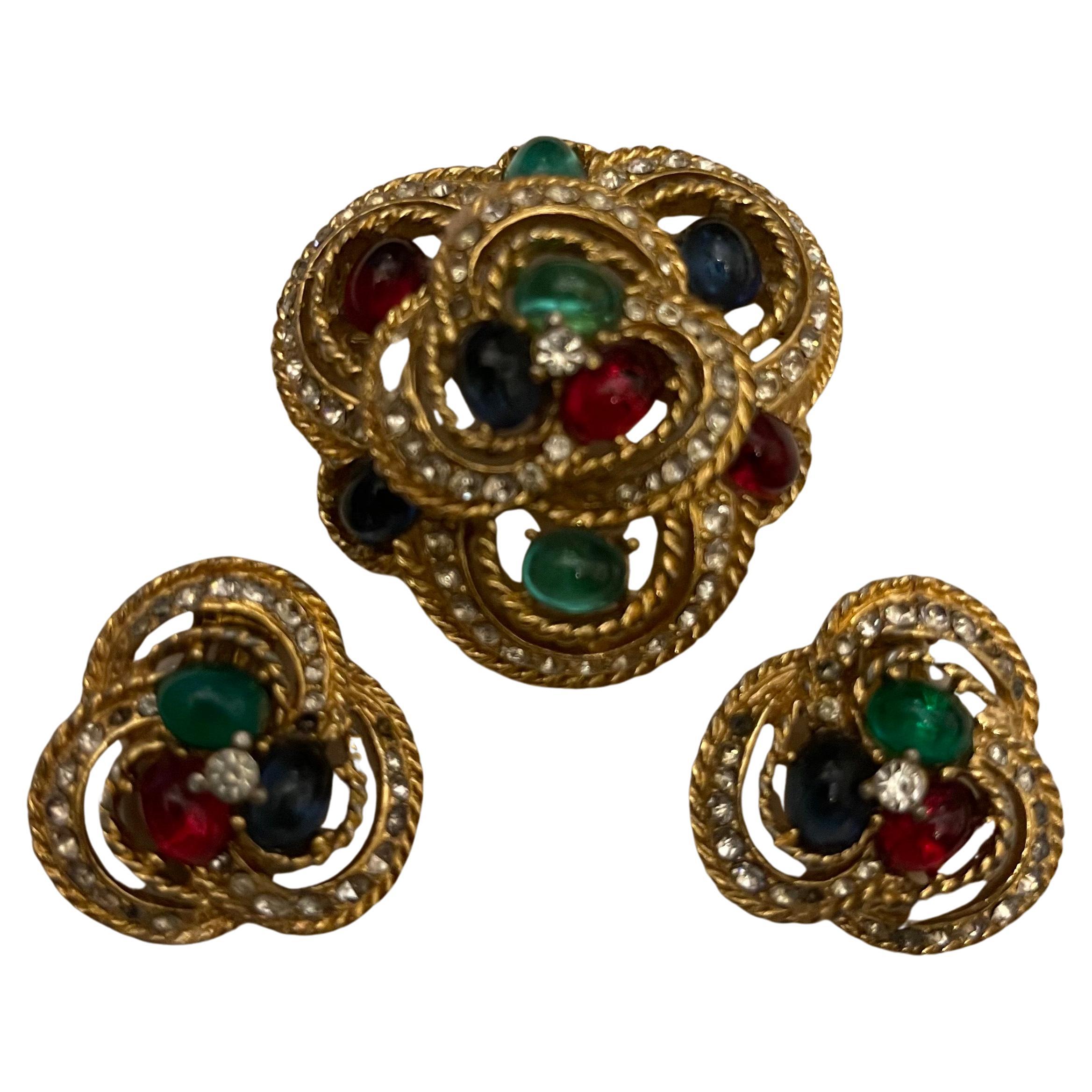 Ciner Gold plattiert Cabochon Strass Moghul Jewels Of India Ohrring Brosche Set im Angebot