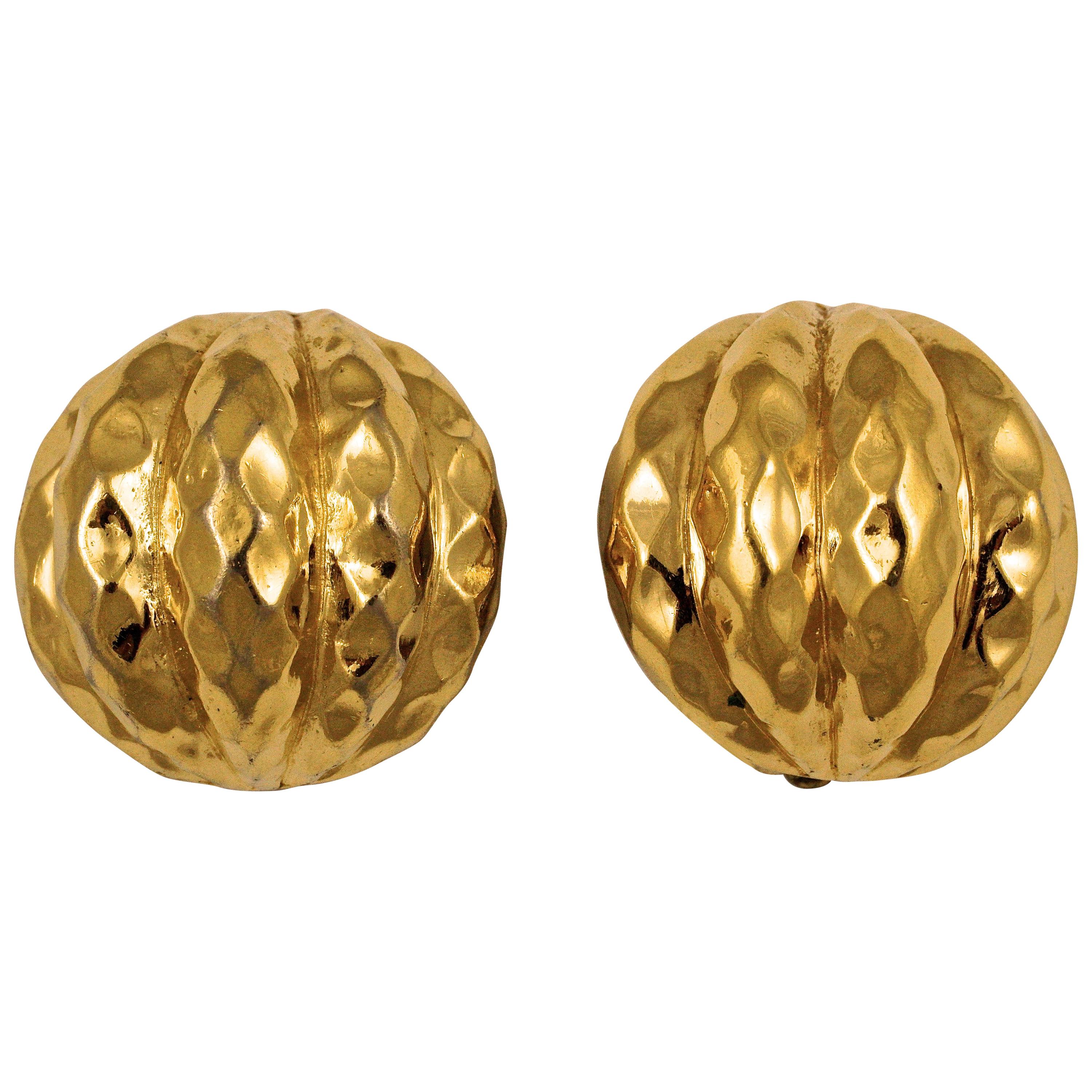 Ciner Gold Plated Domed Clip On Earrings with a Ridged and Patterned Design For Sale