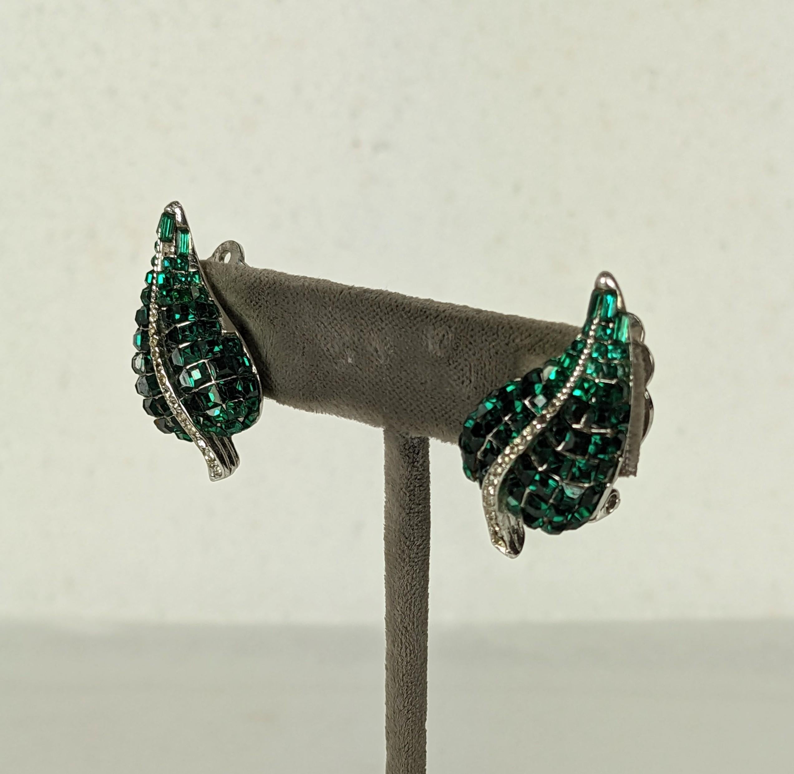 Art Deco Ciner Invisibly Set Emerald Earrings For Sale