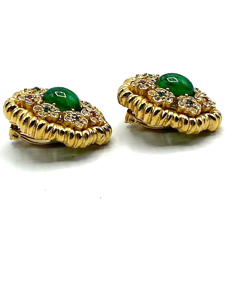 Women's or Men's Ciner Mughal Style Gold Button Earrings with Green Cabochon & Rhinestones