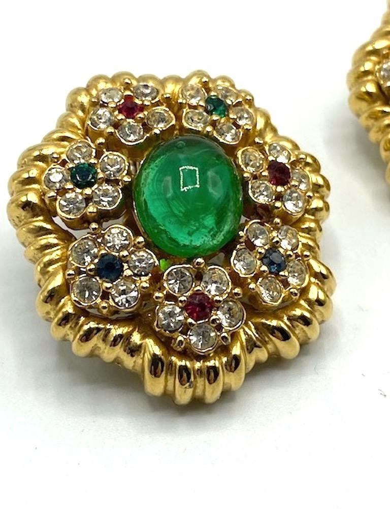 Ciner Mughal Style Gold Button Earrings with Green Cabochon & Rhinestones 1