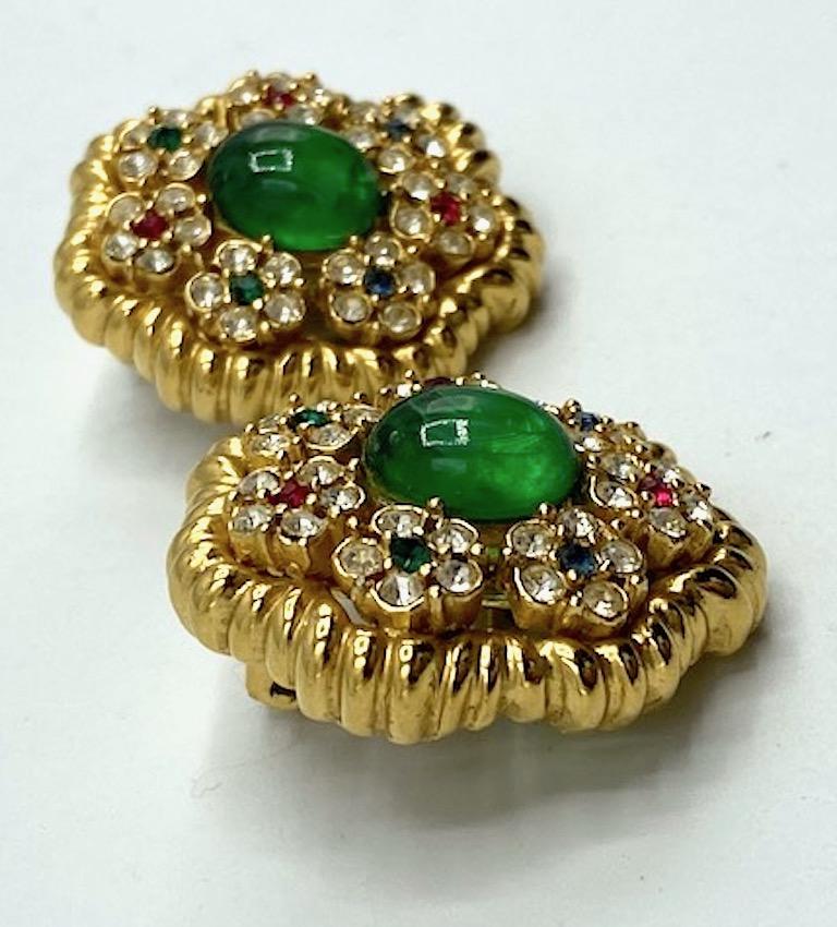 Ciner Mughal Style Gold Button Earrings with Green Cabochon & Rhinestones 2