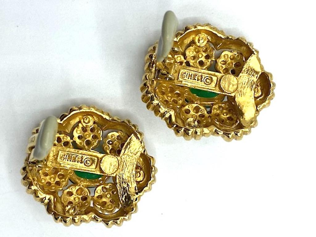 Ciner Mughal Style Gold Button Earrings with Green Cabochon & Rhinestones 3
