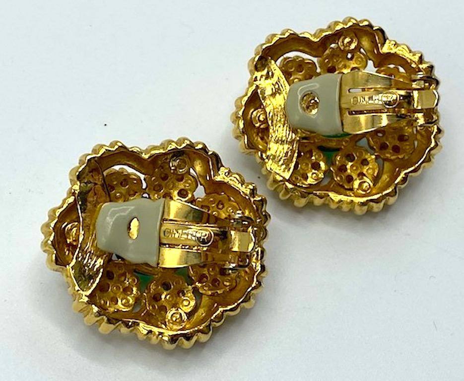 Ciner Mughal Style Gold Button Earrings with Green Cabochon & Rhinestones 5