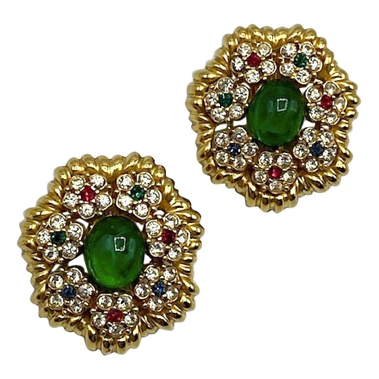 Ciner Mughal Style Gold Button Earrings with Green Cabochon & Rhinestones