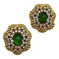 Vintage Ciner Mughal Style Gold Button Earrings with Green Cabochon & Rhinestones