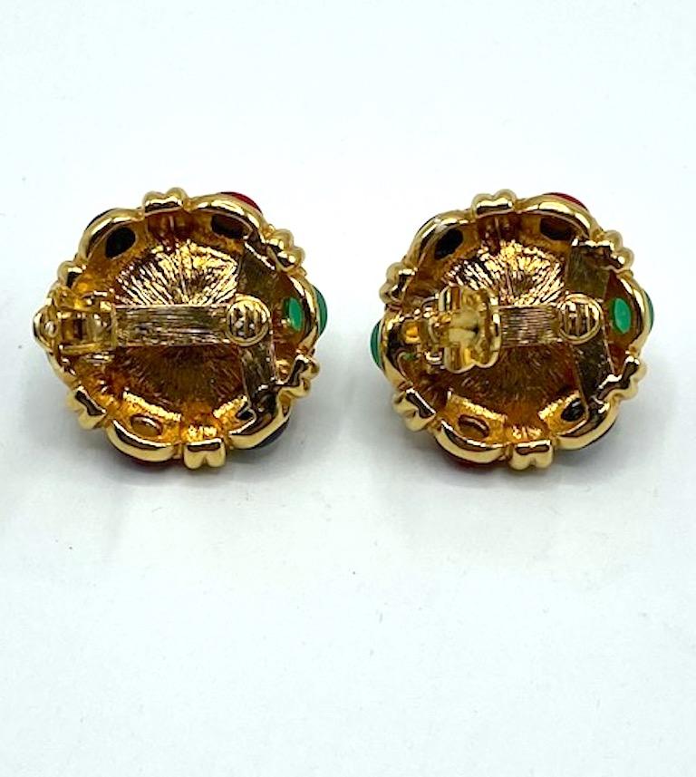 Ciner Mughal Style Gold Button Earrings with Pearl, Red, Blue & Green Stones 1