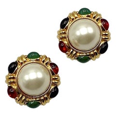 Vintage Ciner Mughal Style Gold Button Earrings with Pearl, Red, Blue & Green Stones