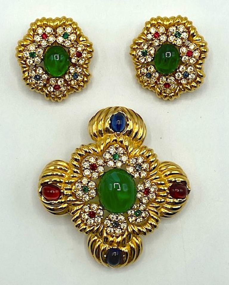 Ciner Mughal Style Gold Medallion Brooch with Red, Blue & Green Cabochon 2