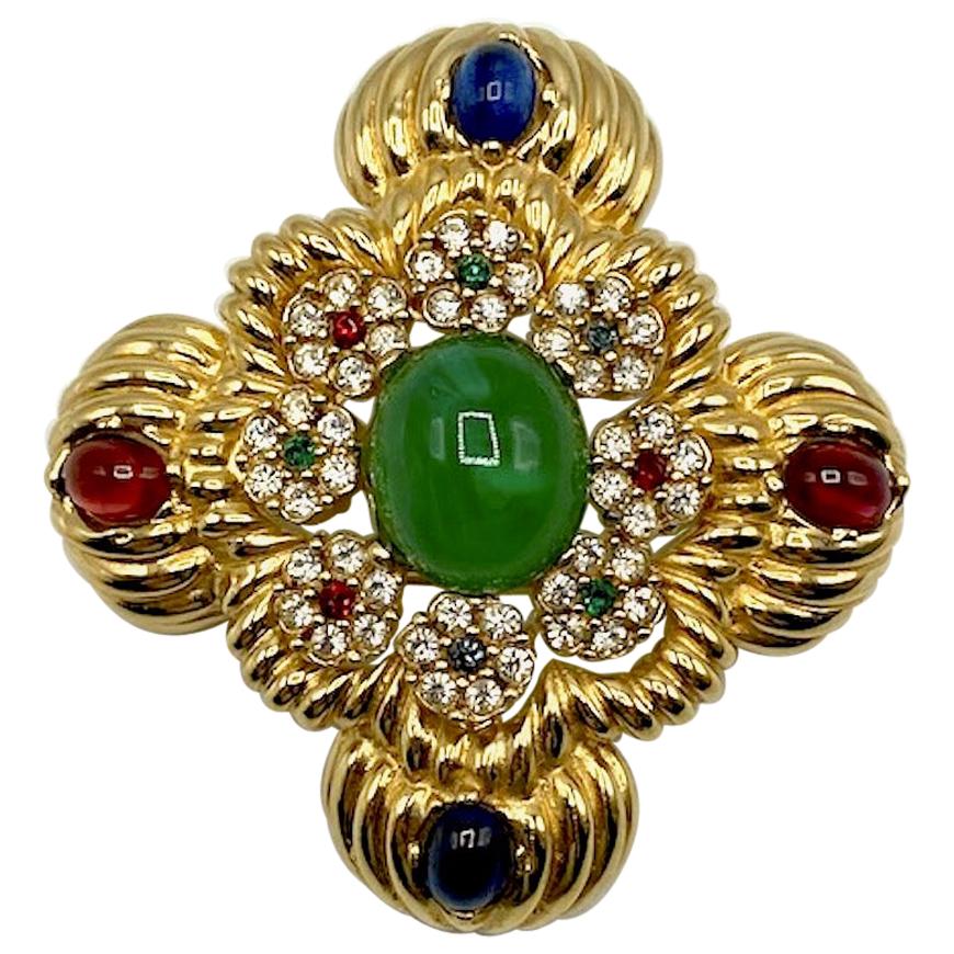 Ciner Mughal Style Gold Medallion Brooch with Red, Blue & Green Cabochon